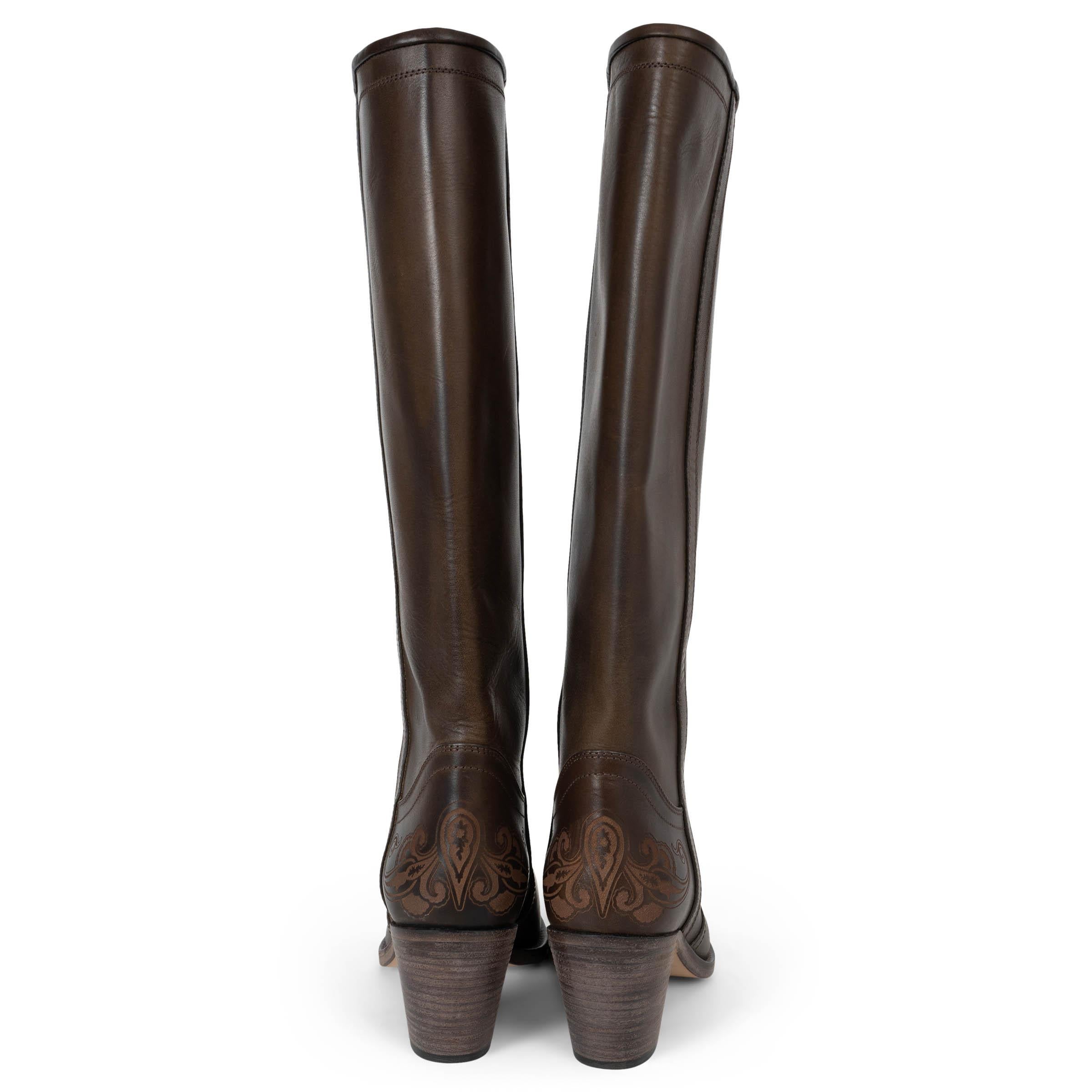 Donna Etro in pelle marrone scuro WESTERN CARVING Stivali da Cowboy Scarpe 38 in vendita