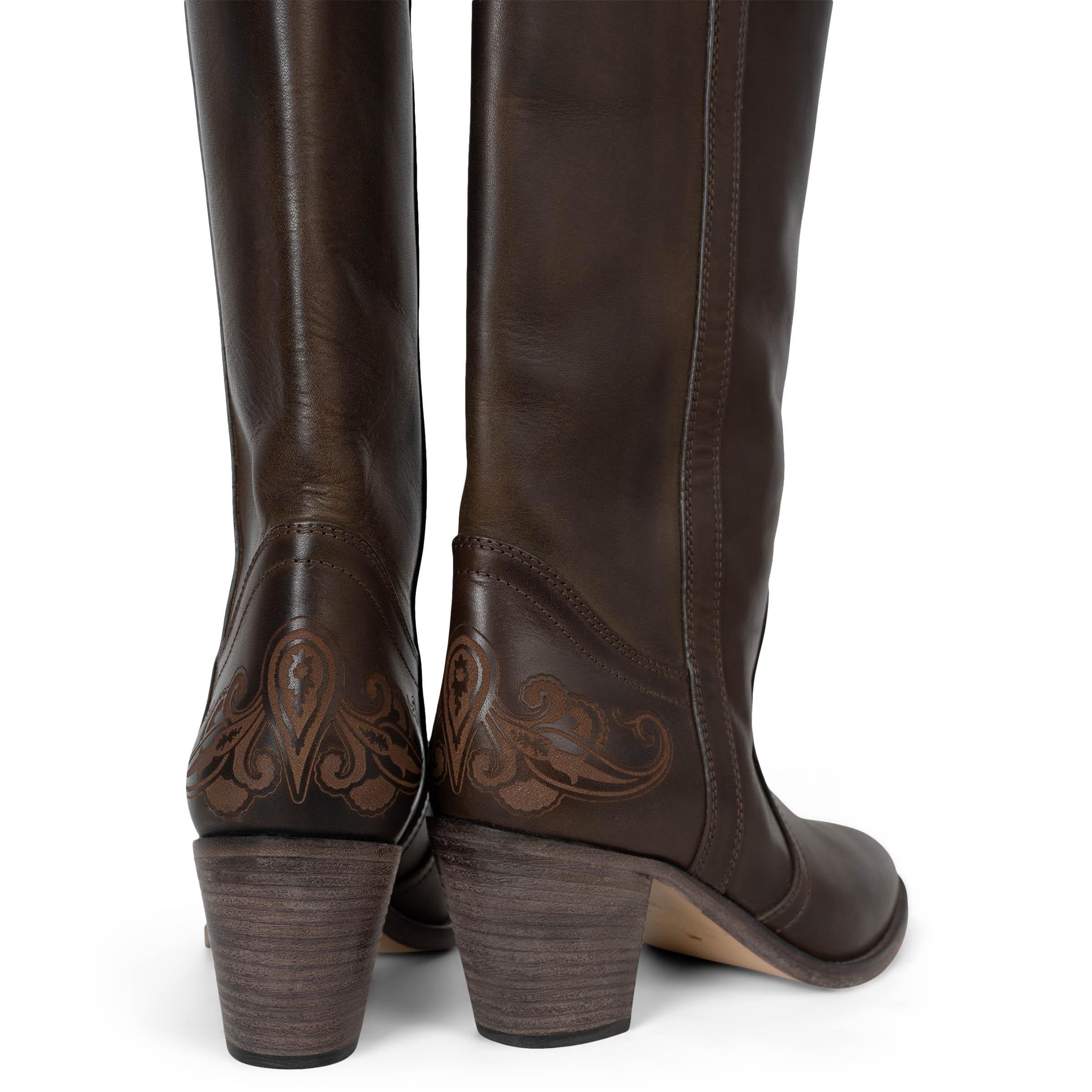 Etro in pelle marrone scuro WESTERN CARVING Stivali da Cowboy Scarpe 38 in vendita 2