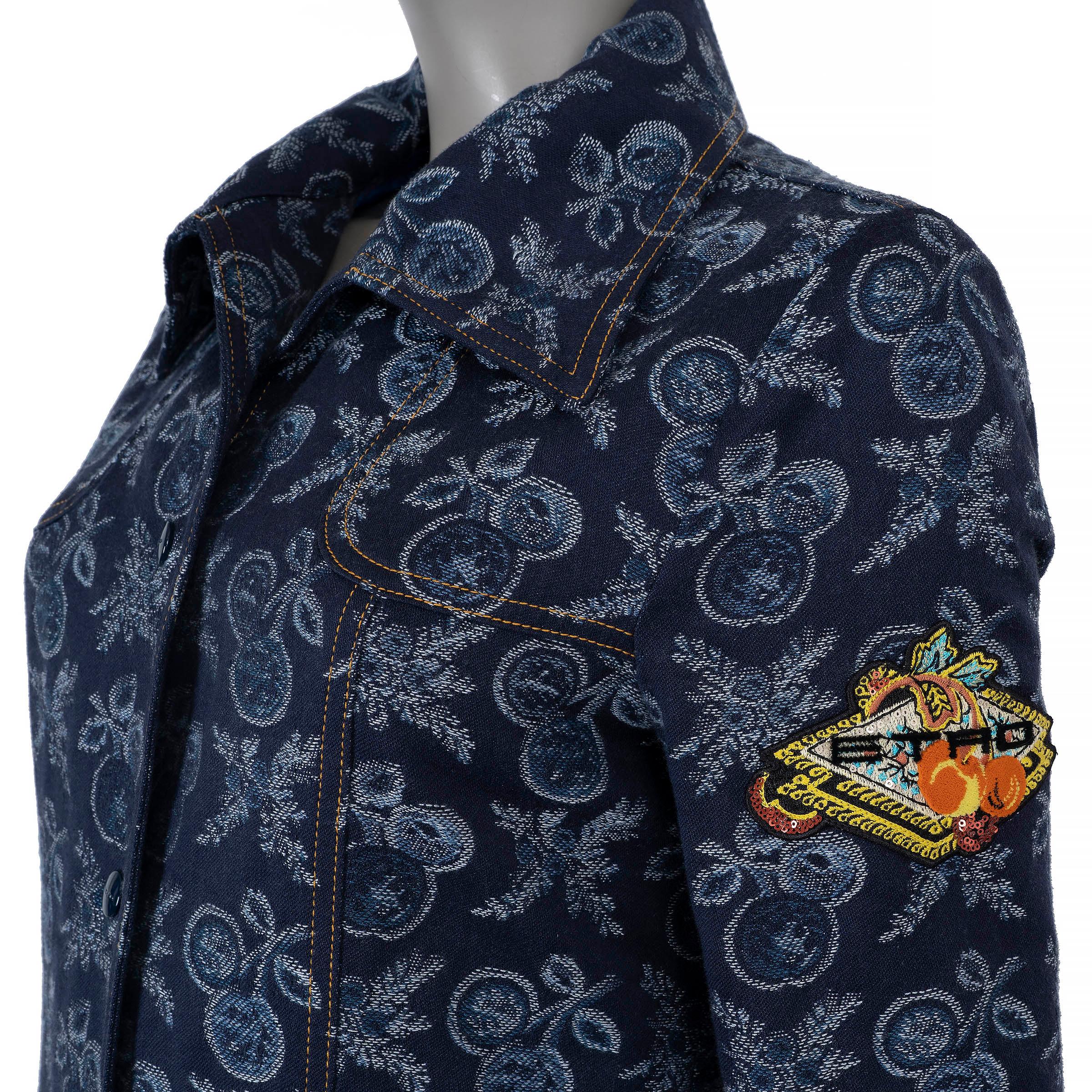ETRO dunkel- & hellblau 2023 FRUIT JACQUARD DENIM Mantel Jacke 44 L Damen im Angebot