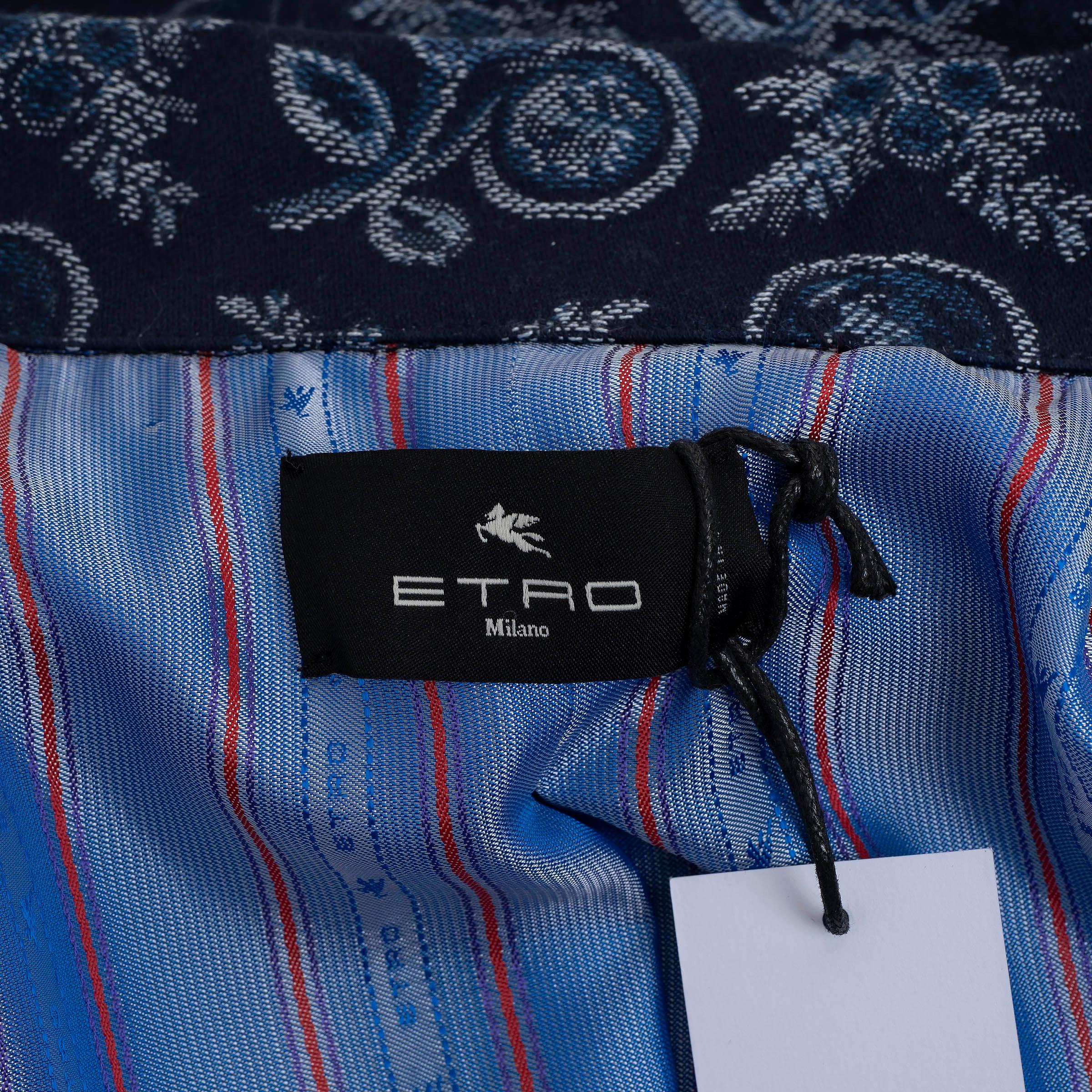 ETRO dunkel- & hellblau 2023 FRUIT JACQUARD DENIM Mantel Jacke 44 L im Angebot 1