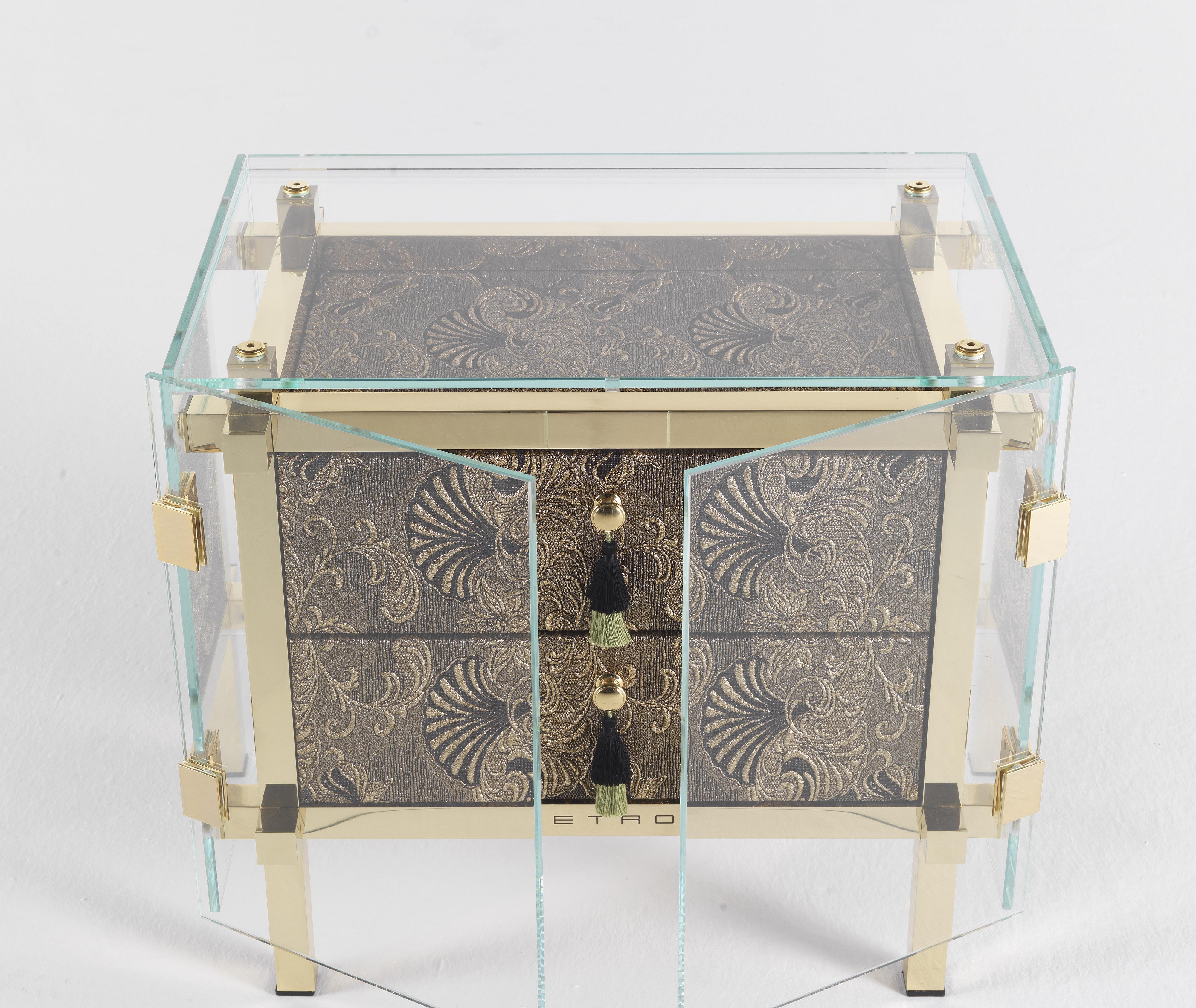 Italian Etro Home Interiors Delhi Night Table in Fabric and Polished Brass