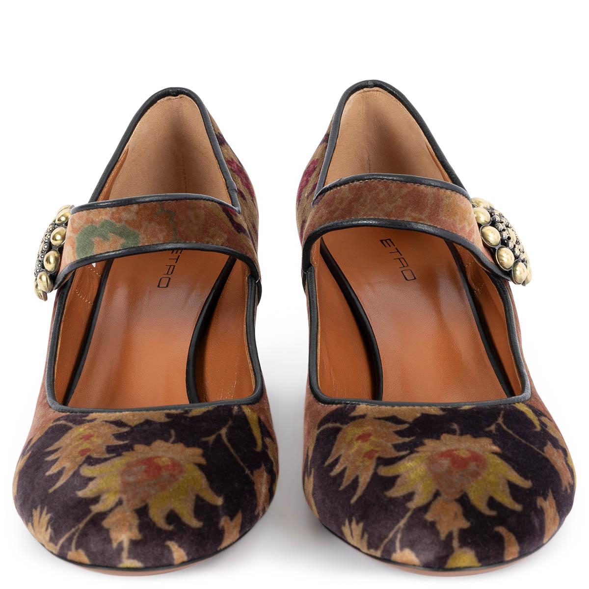 100% authentic Etro patterned mary jane block heel pumps in brown, lime, burgundy and beige velvet featuring gold-tone metal buckle. Brand new. 

Measurements
Imprinted Size	38
Shoe Size	38
Inside Sole	25cm (9.8in)
Width	7.5cm (2.9in)
Heel	6cm