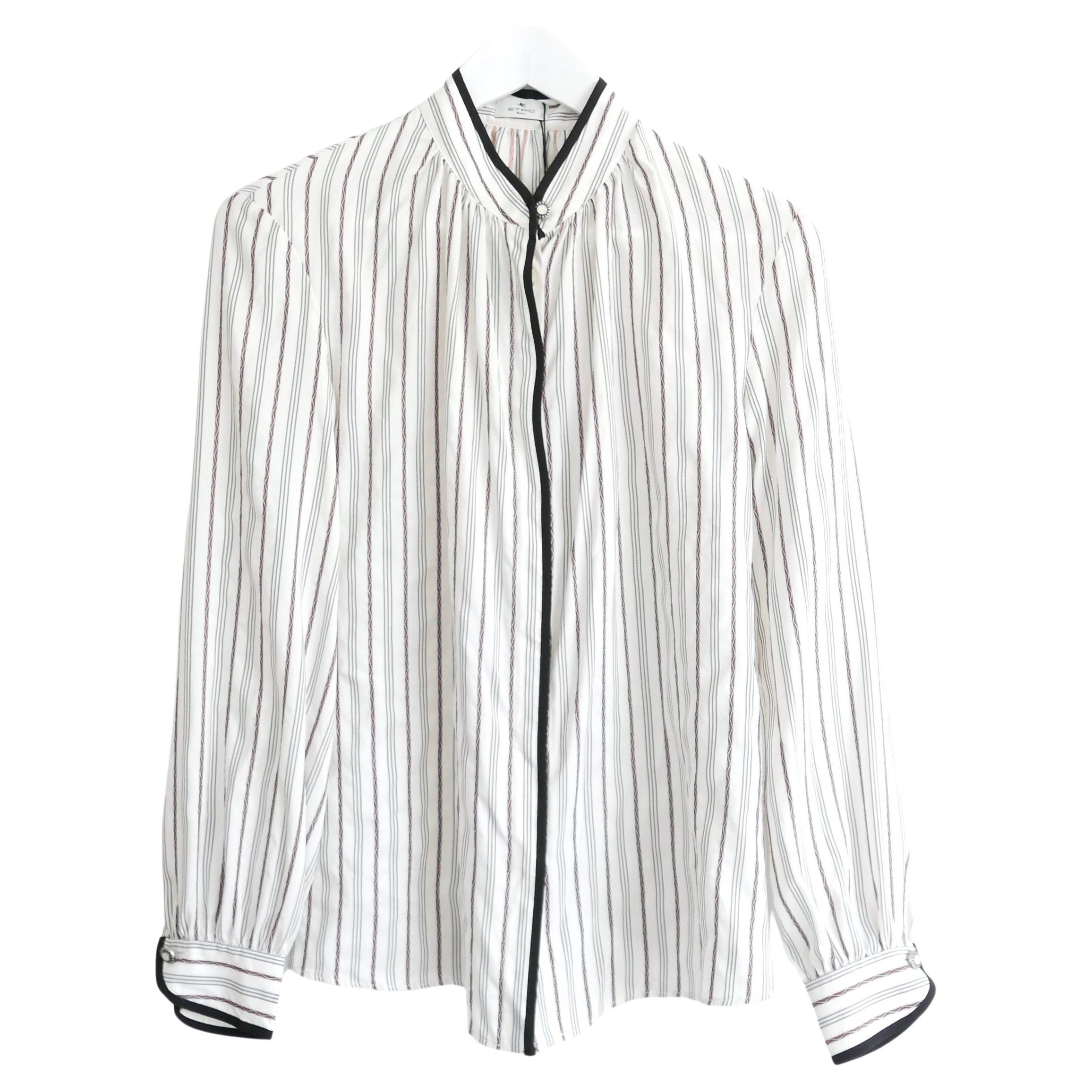 Etro Embroidered Detail Striped Silk Blouse For Sale