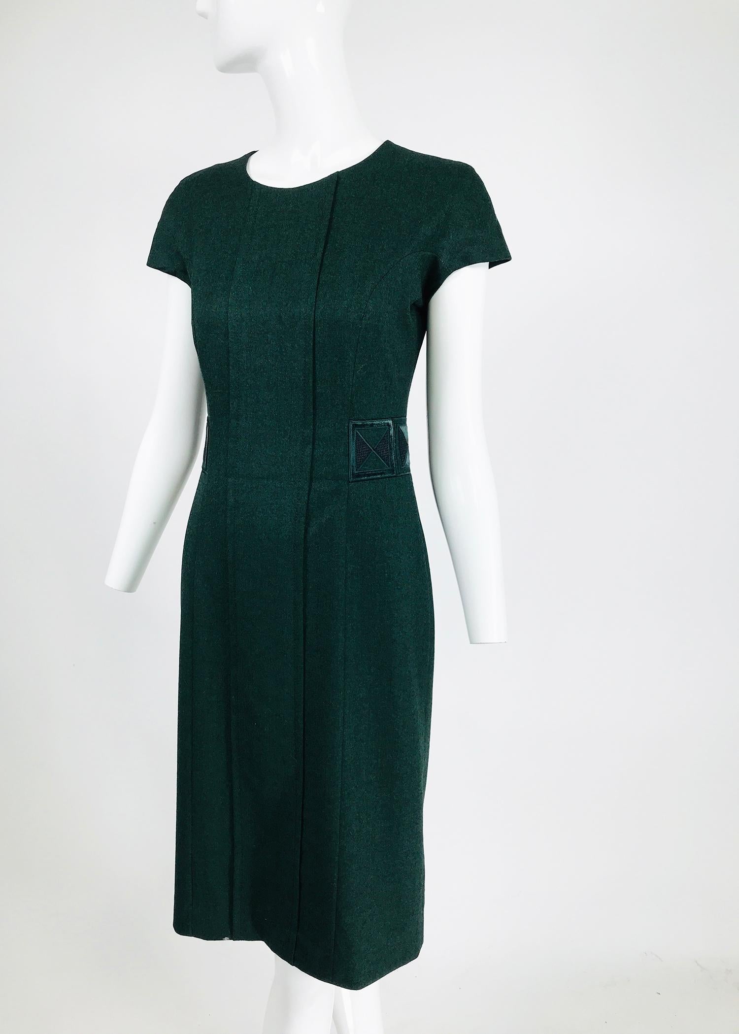 Etro Embroidered forest green fine, soft wool cap sleeve sheath dress. Sophisticated day dress in a subtle mixed fleck woven fabric. Jewel neckline dress has a seamed front panel, cap sleeves a fitted torso and skirt, there is an attached