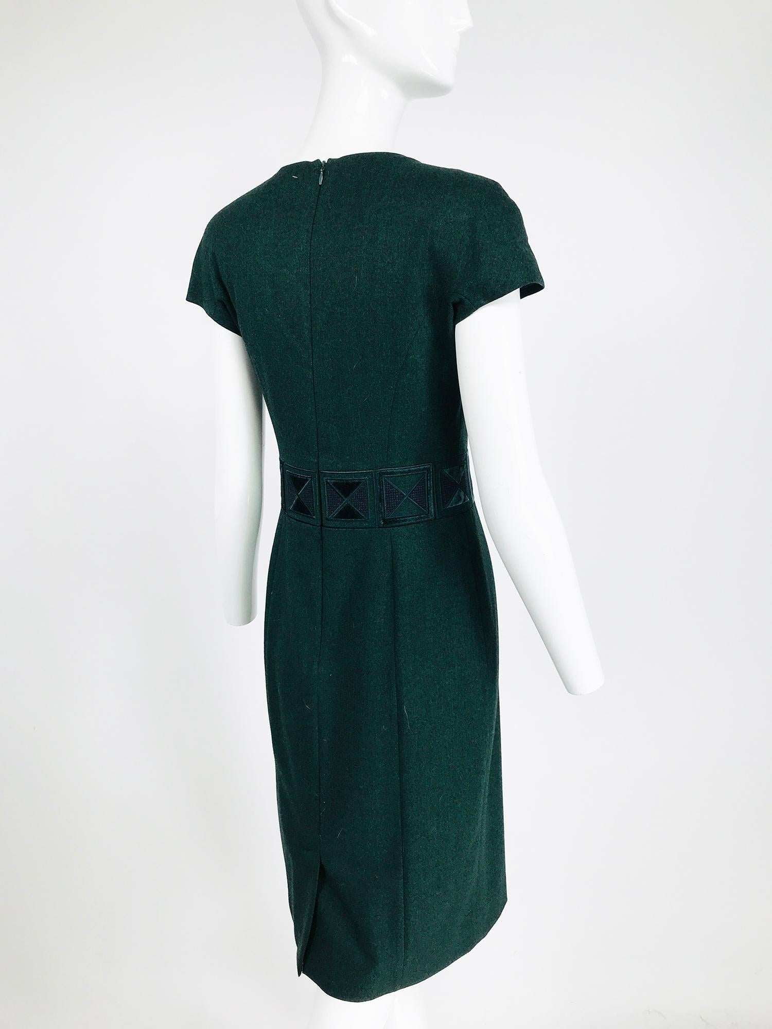 Black Etro Embroidered Forest Green Fine Wool Cap Sleeve Sheath Dress