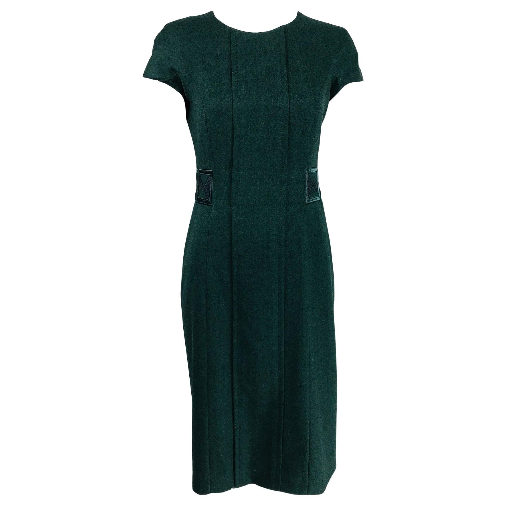 Etro Embroidered Forest Green Fine Wool Cap Sleeve Sheath Dress