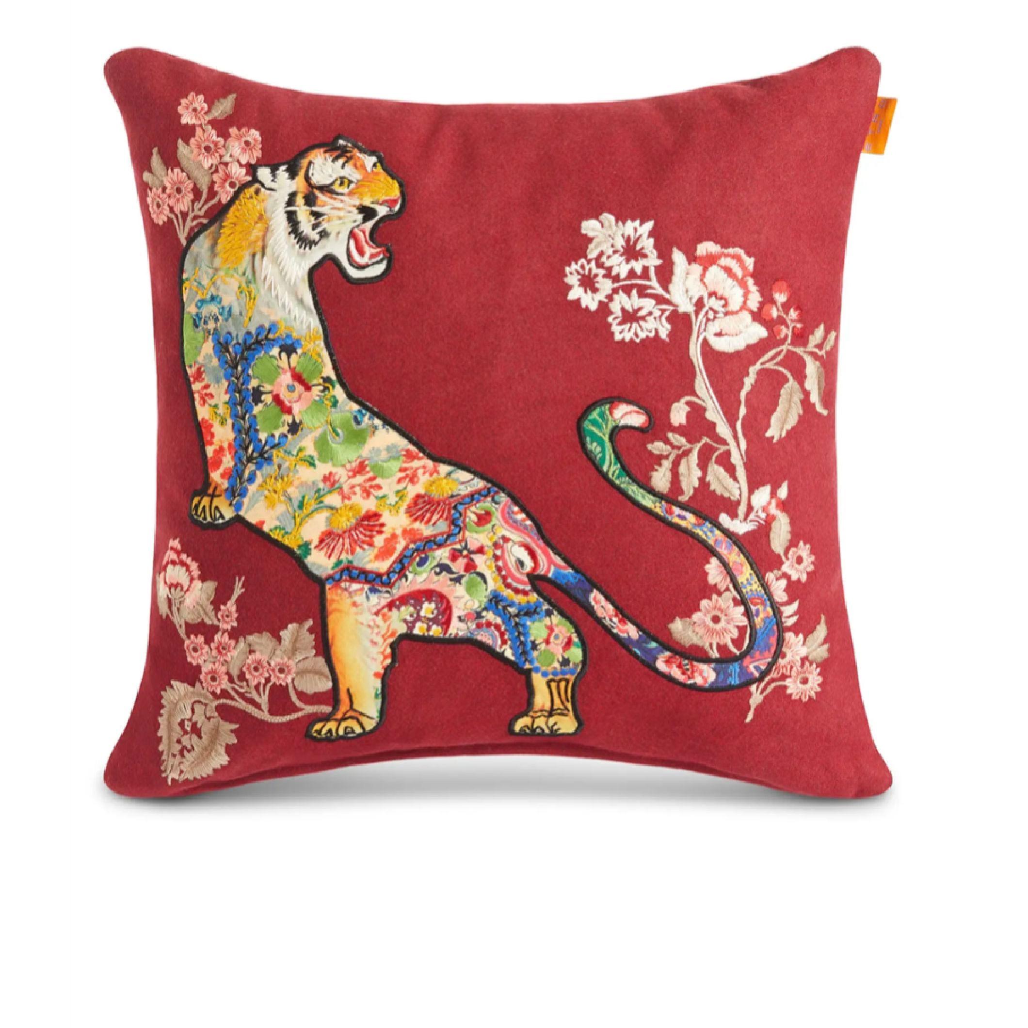 Etro Embroidered Tiger Deep Red Accent Pillow, Italy In New Condition In Brooklyn, NY