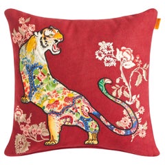 Etro Embroidered Tiger Deep Red Accent Pillow, Italy
