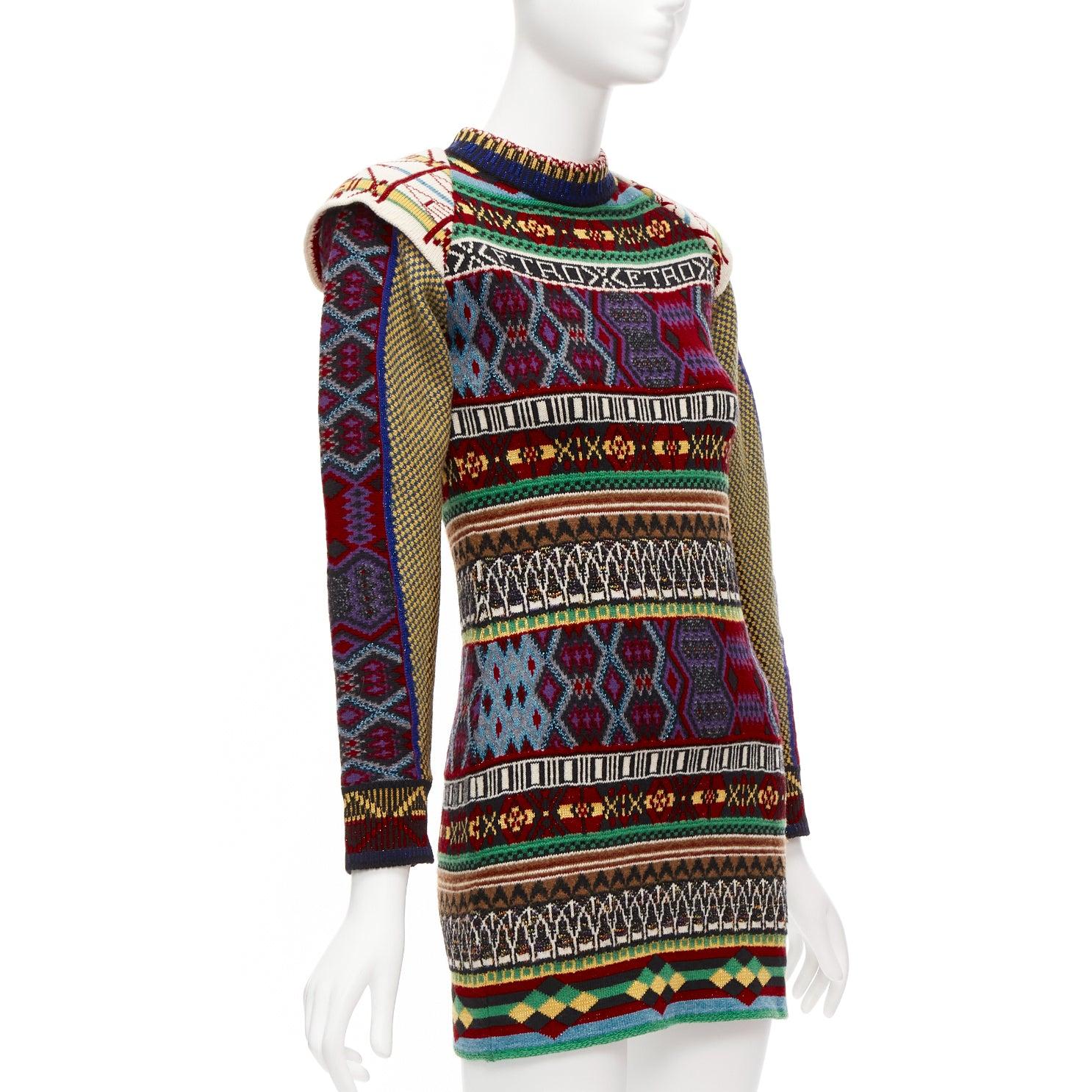 ETRO ethnic multicolor intarsia wool contrast sleeve sweater dress IT38 XS In Excellent Condition For Sale In Hong Kong, NT