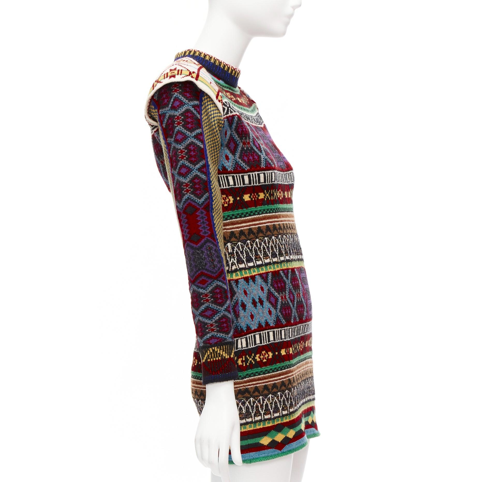 Women's ETRO ethnic multicolor intarsia wool contrast sleeve sweater dress IT38 XS For Sale
