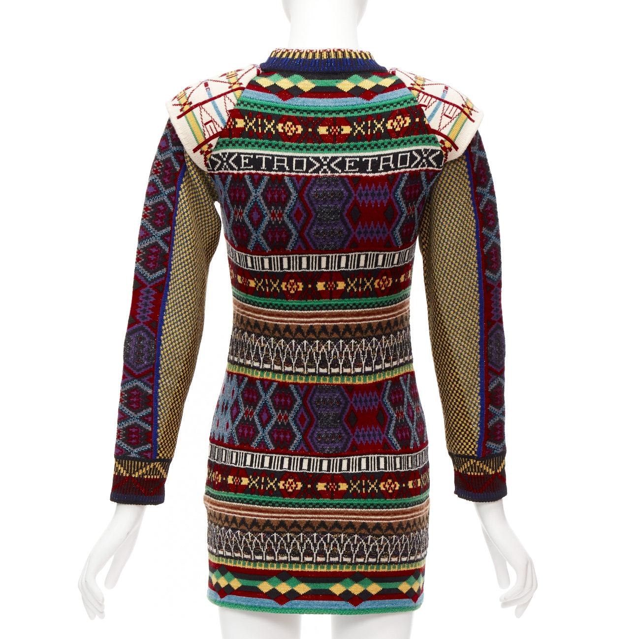 ETRO ethnic multicolor intarsia wool contrast sleeve sweater dress IT38 XS For Sale 1