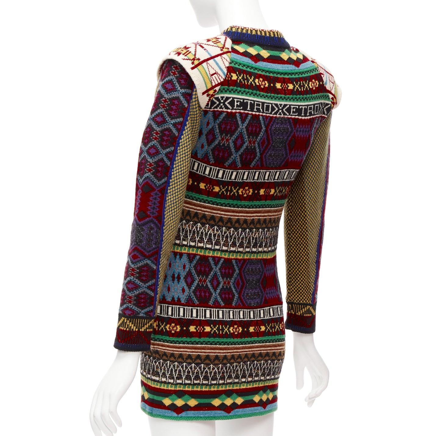 ETRO ethnic multicolor intarsia wool contrast sleeve sweater dress IT38 XS For Sale 2