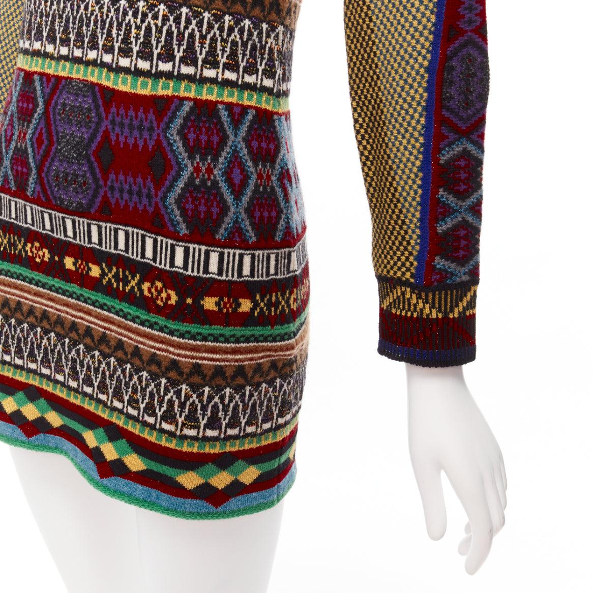 ETRO ethnic multicolor intarsia wool contrast sleeve sweater dress IT38 XS For Sale 3