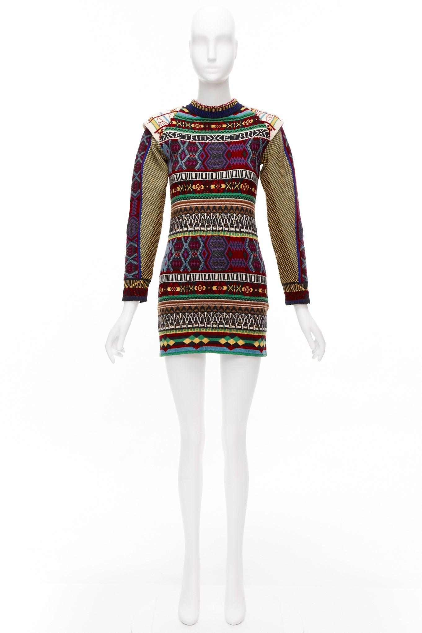 ETRO ethnic multicolor intarsia wool contrast sleeve sweater dress IT38 XS For Sale 5