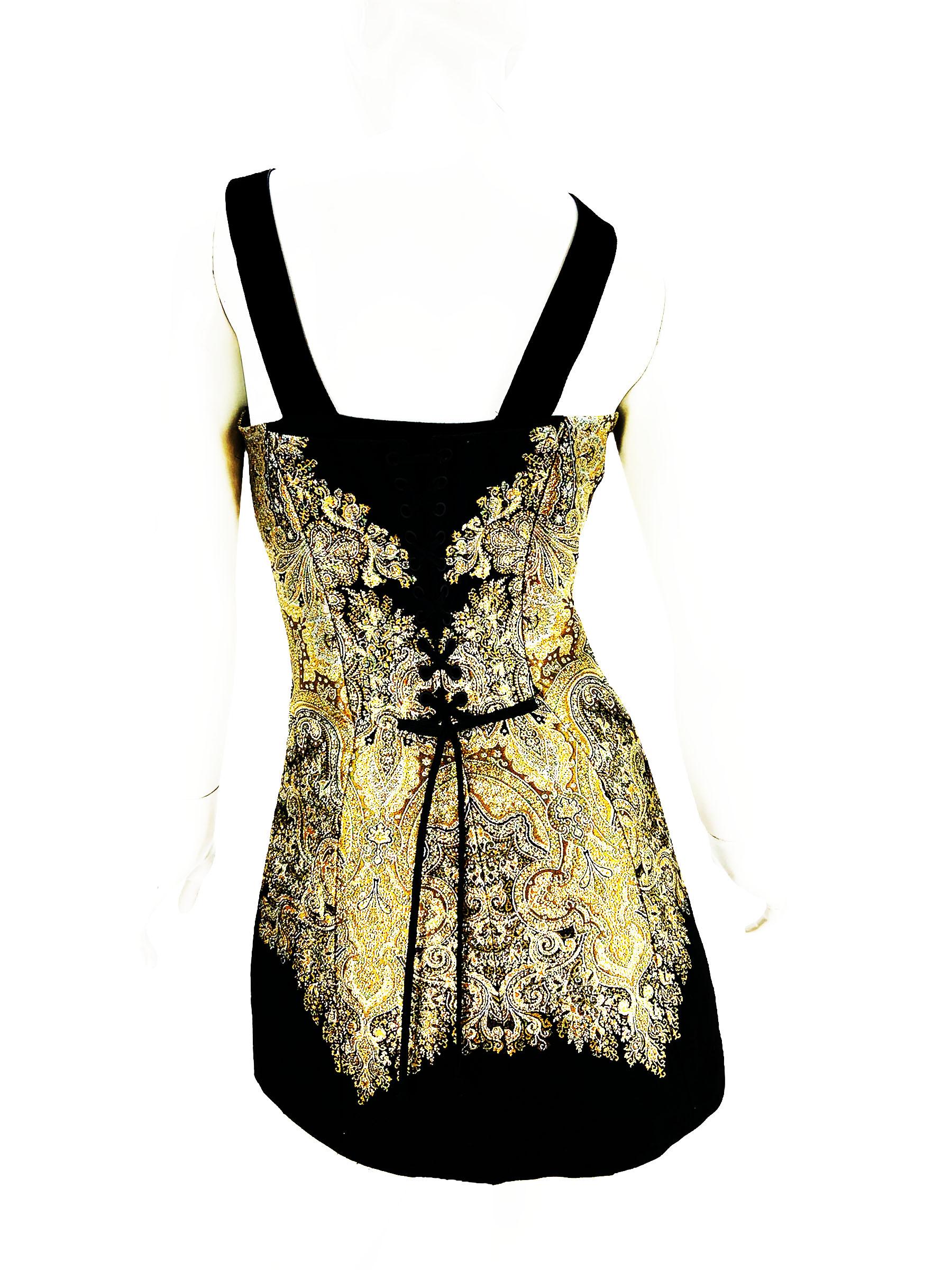 Etro F/W 2019 Brocade Gold Black Corset Lace-Up Mini Dress Italian 42 In Excellent Condition For Sale In Montgomery, TX