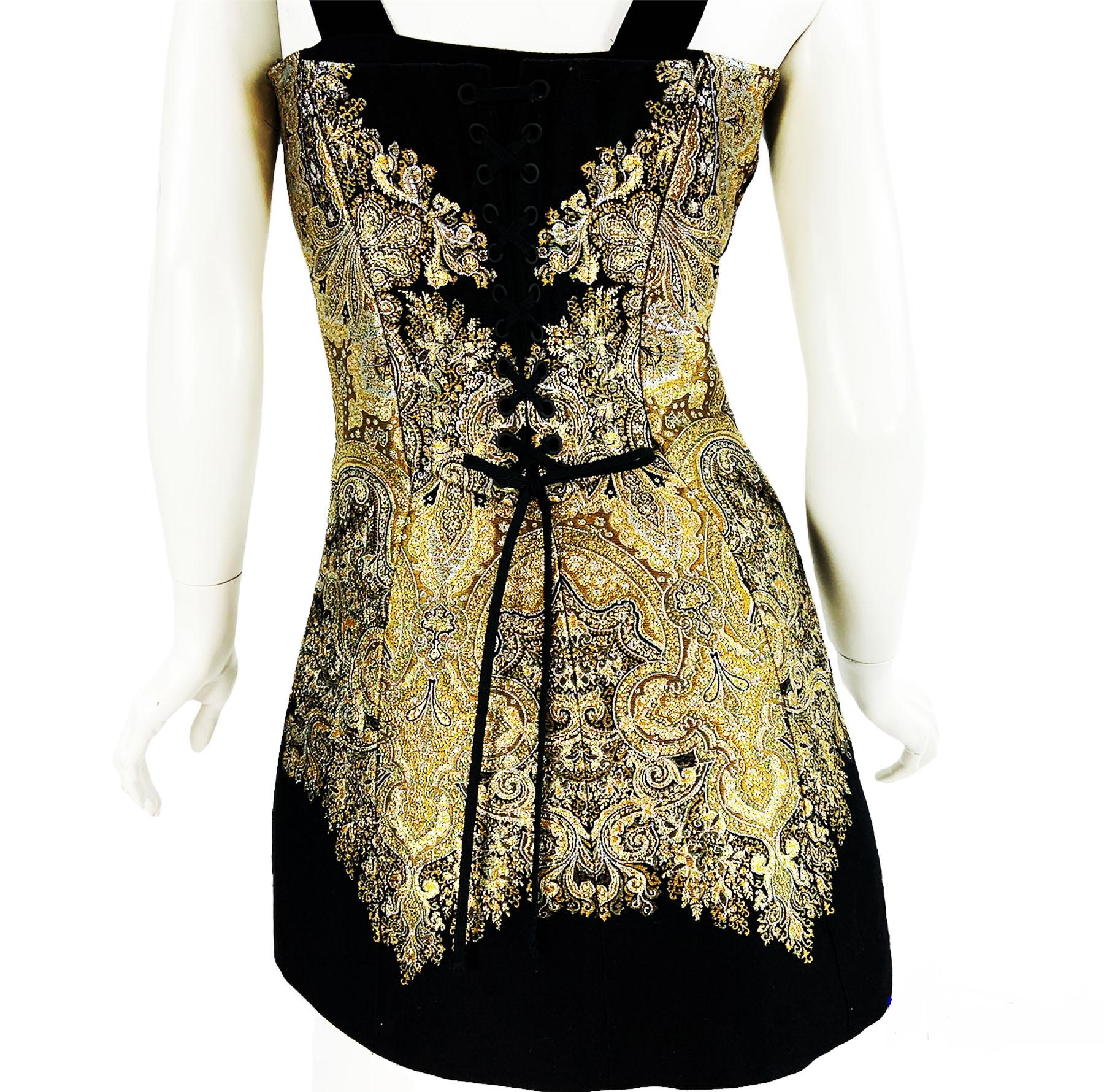 Women's Etro F/W 2019 Brocade Gold Black Corset Lace-Up Mini Dress Italian 42 For Sale