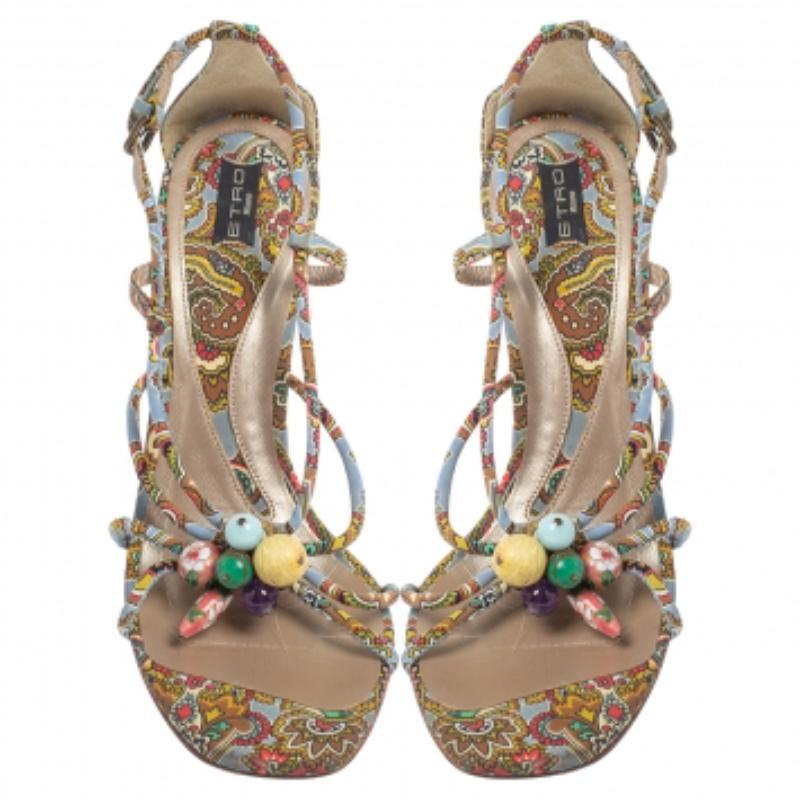 Brown Etro Fabric Paisley Print Embellished Open Toe Ankle Strap Sandals Size 40 For Sale
