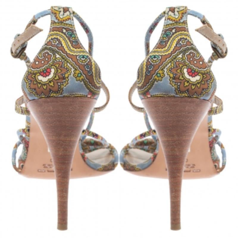 Women's Etro Fabric Paisley Print Embellished Open Toe Ankle Strap Sandals Size 40 For Sale
