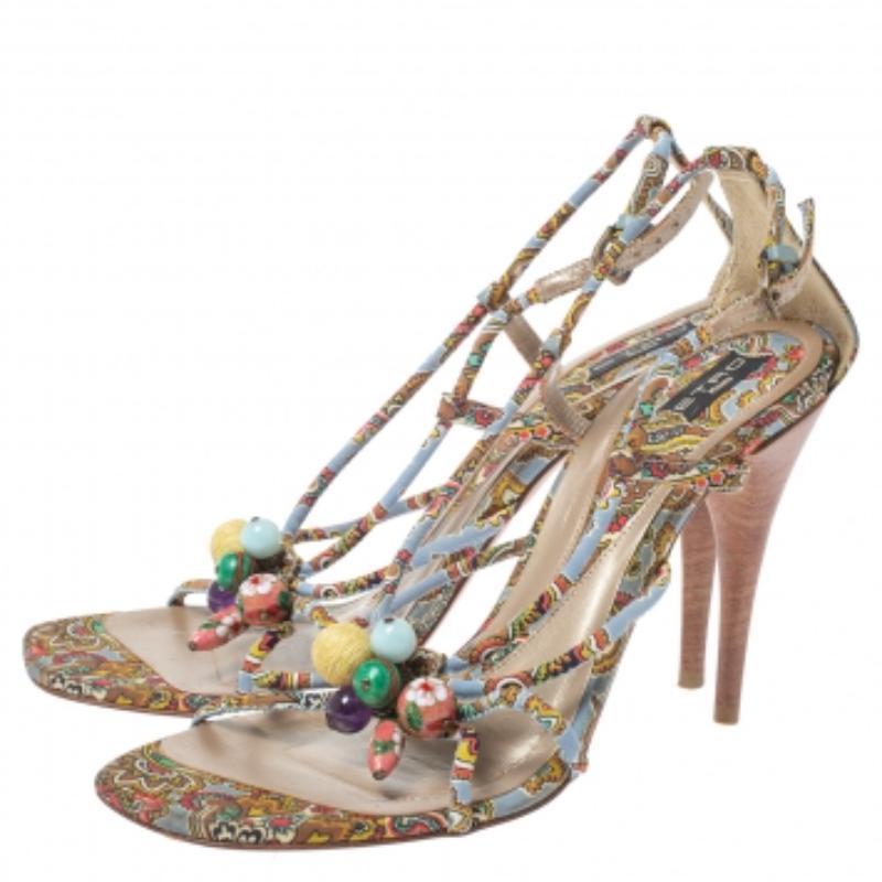 Etro Fabric Paisley Print Embellished Open Toe Ankle Strap Sandals Size 40 For Sale 1
