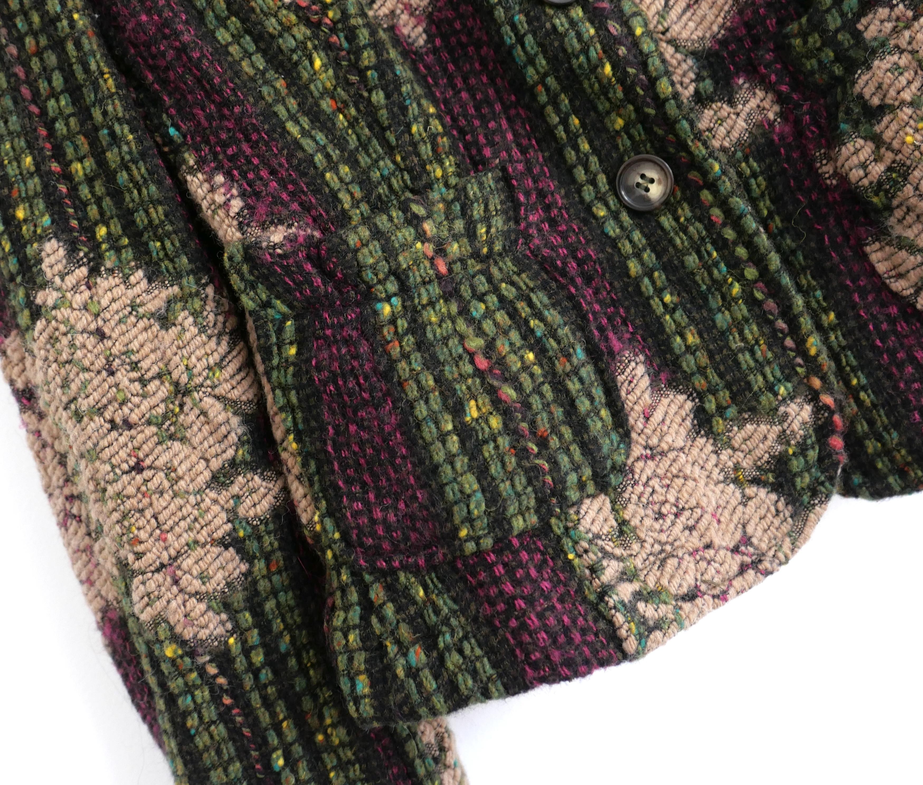 Stunning vintage Etro wool brocade jacket from the Fall 2004 collection - look 7 on the runway. Unworn with tag. Made from superbly textured rose wear wool mix brocade with green velvet collar and elbow patches, horn buttons, taupe lining and purple