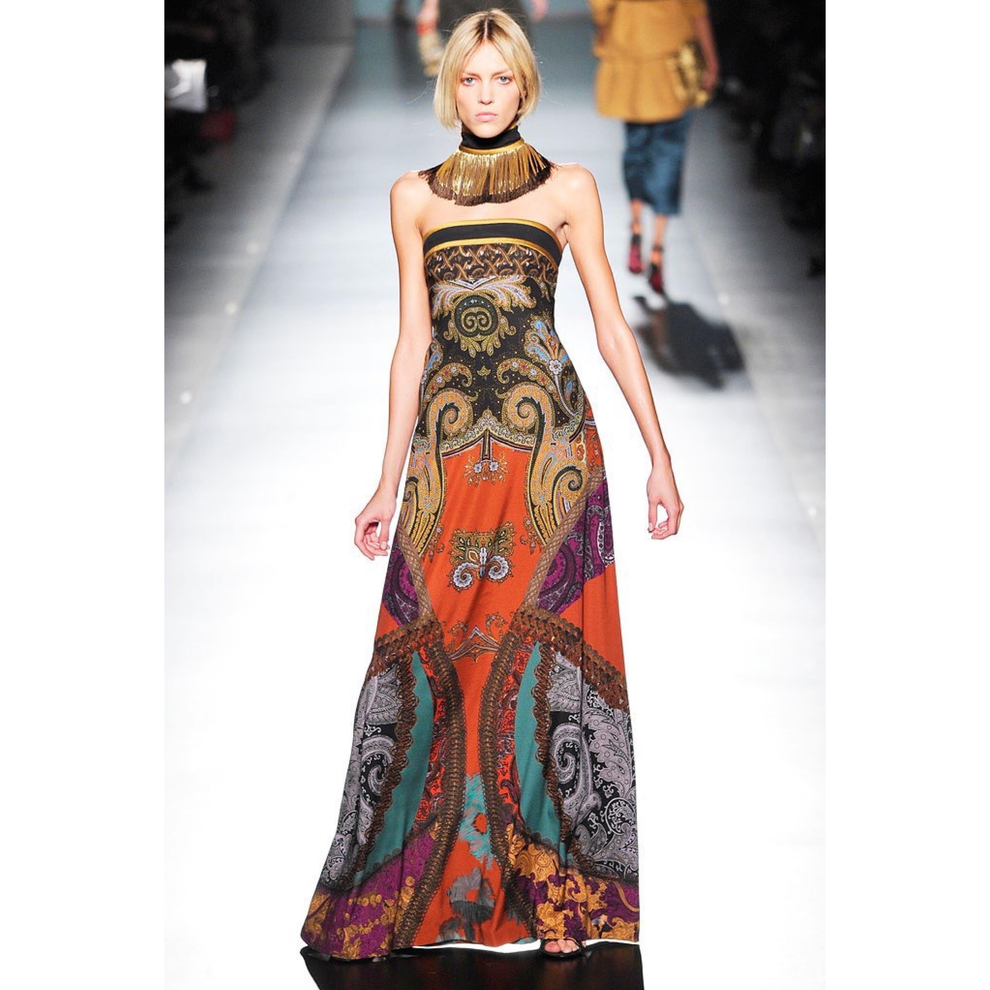 Extraordinary Etro Fall 2009 runway silk chiffon Cleopatra inspired gown ! Features layers of luxurious silk chiffon. Attached neck piece is adorned with fringe and gold chains. Warm colors of brown, orange, turquoise blue, purple, yellow, green,