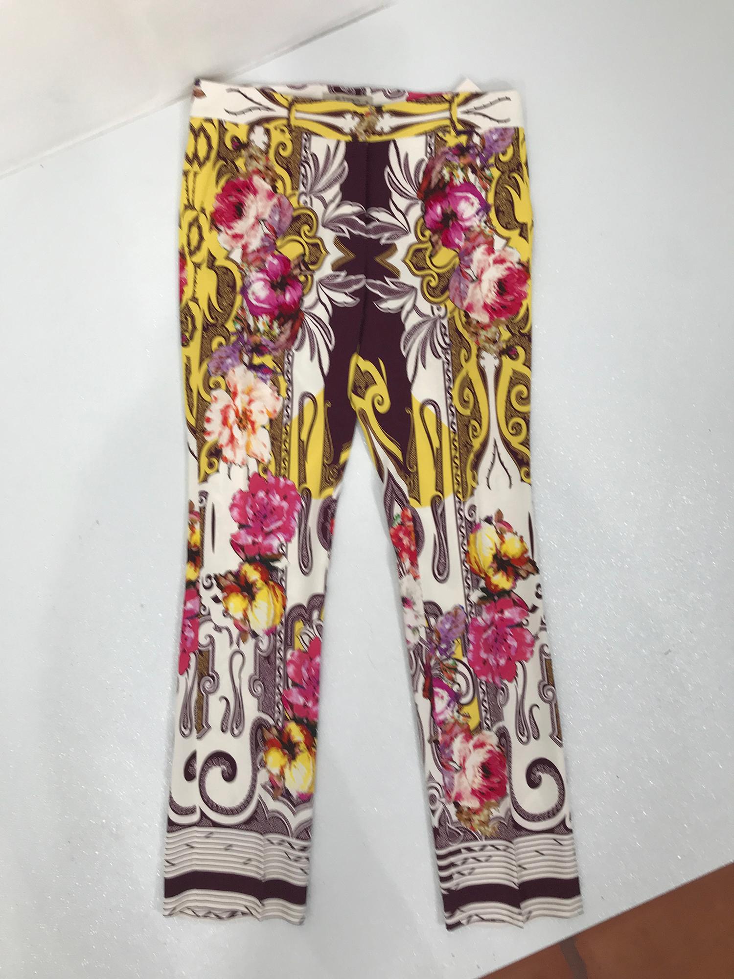 Etro floral trousers unworn size EU 46 US 10. Print and photo print of flowers in pink and yellow, off white ground with burgundy paisley print, striped hems. Banded waist, fly front hidden hook at waist and belt loops. Side pockets, hip back besom