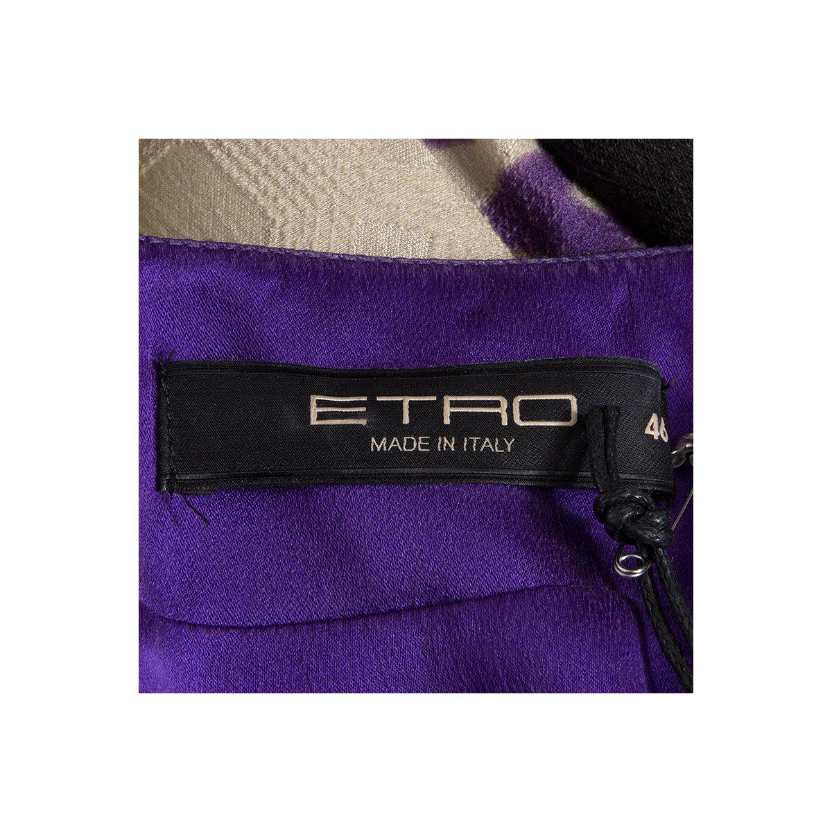 ETRO forest green purple silk wool SHORT SLEEVE Dress 46 XL In Excellent Condition In Zürich, CH