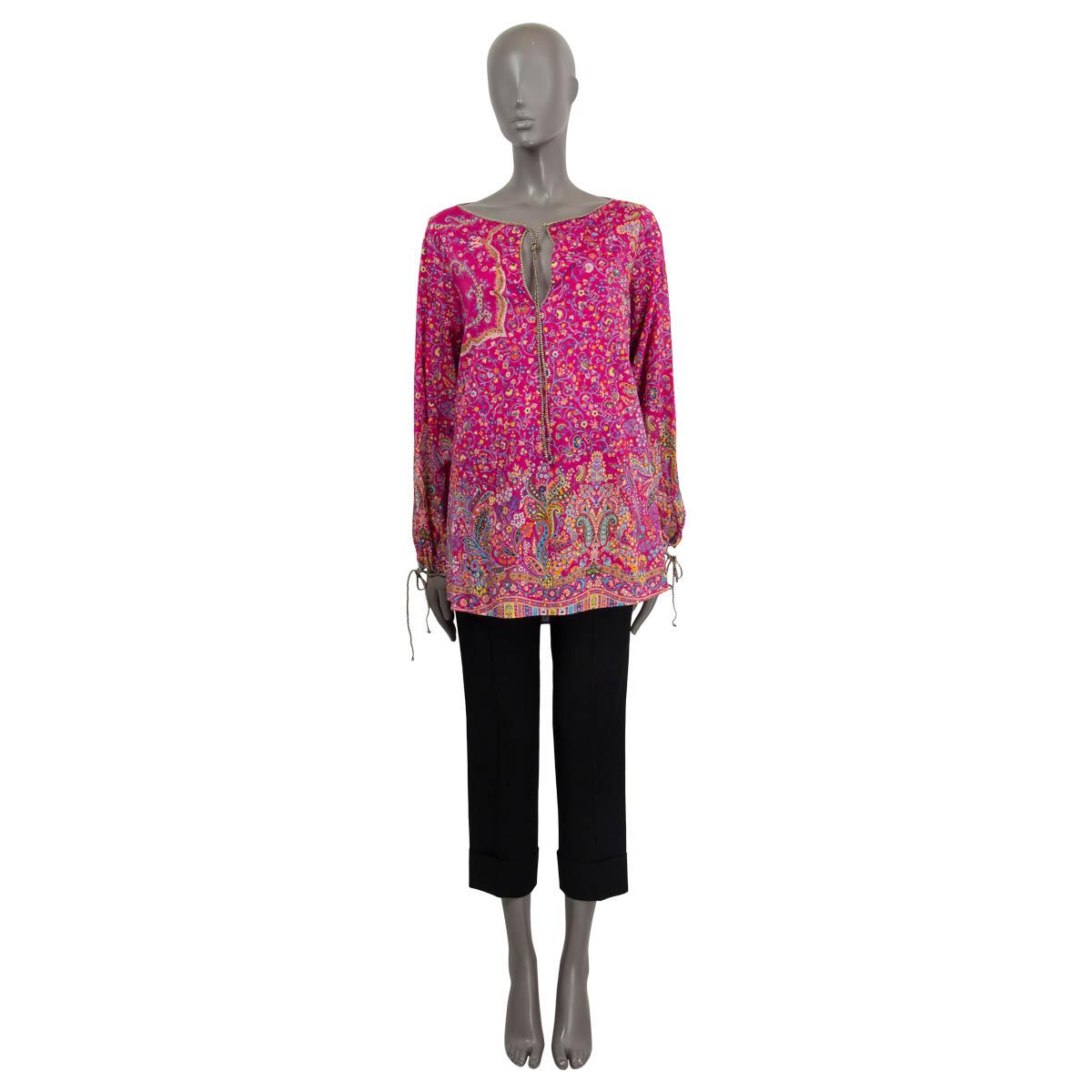 100% authentic Etro paisley print tunic blouse in pink, yellow, blue and orange cotton (100%) featuring cord trim keyhole around the neck and around wrists. Has been worn and is in excellent condition. 

Measurements
Tag Size	44
Size	L
Shoulder