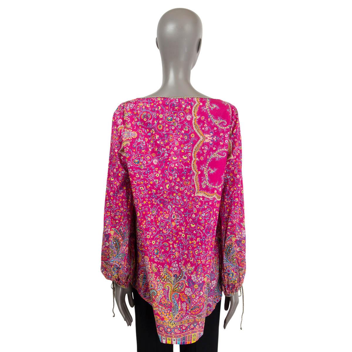 ETRO fuchsia pink cotton MICRO-FLORAL PESANT TUNIC Blouse Shirt 44 L In Excellent Condition For Sale In Zürich, CH