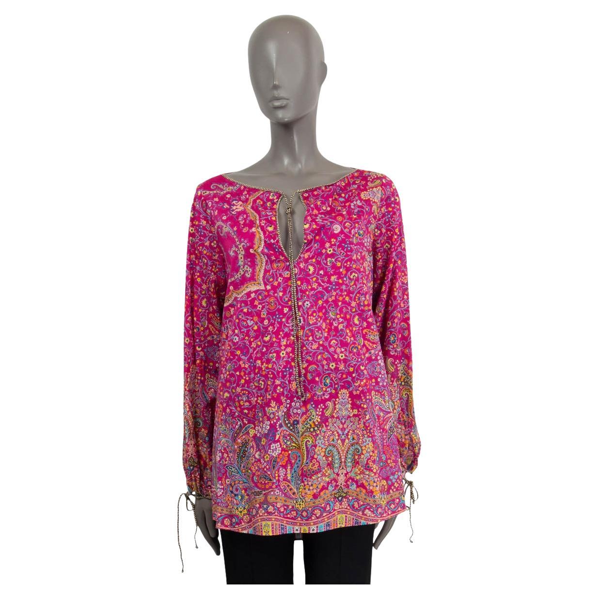 ETRO fuchsia pink cotton MICRO-FLORAL PESANT TUNIC Blouse Shirt 44 L For Sale