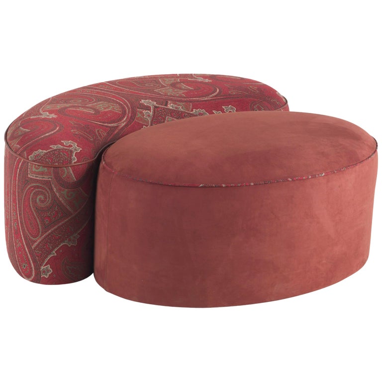 Etro Home Interiors Goa Pouf in Fabric and Leather For Sale