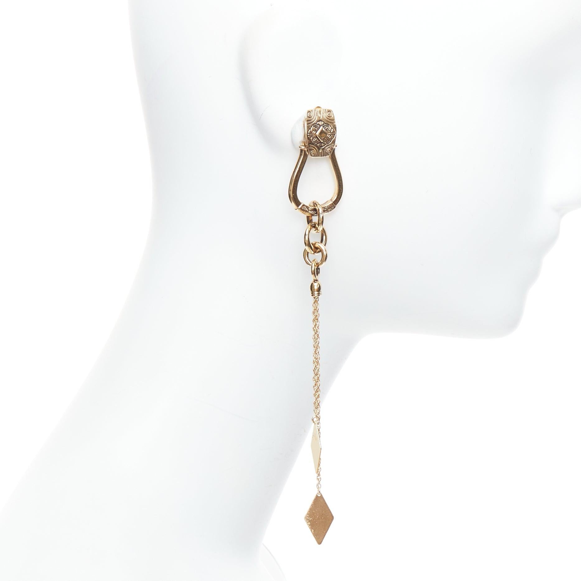 ETRO gold ethnic carvings charm chain drop clip on earring Single In Fair Condition For Sale In Hong Kong, NT