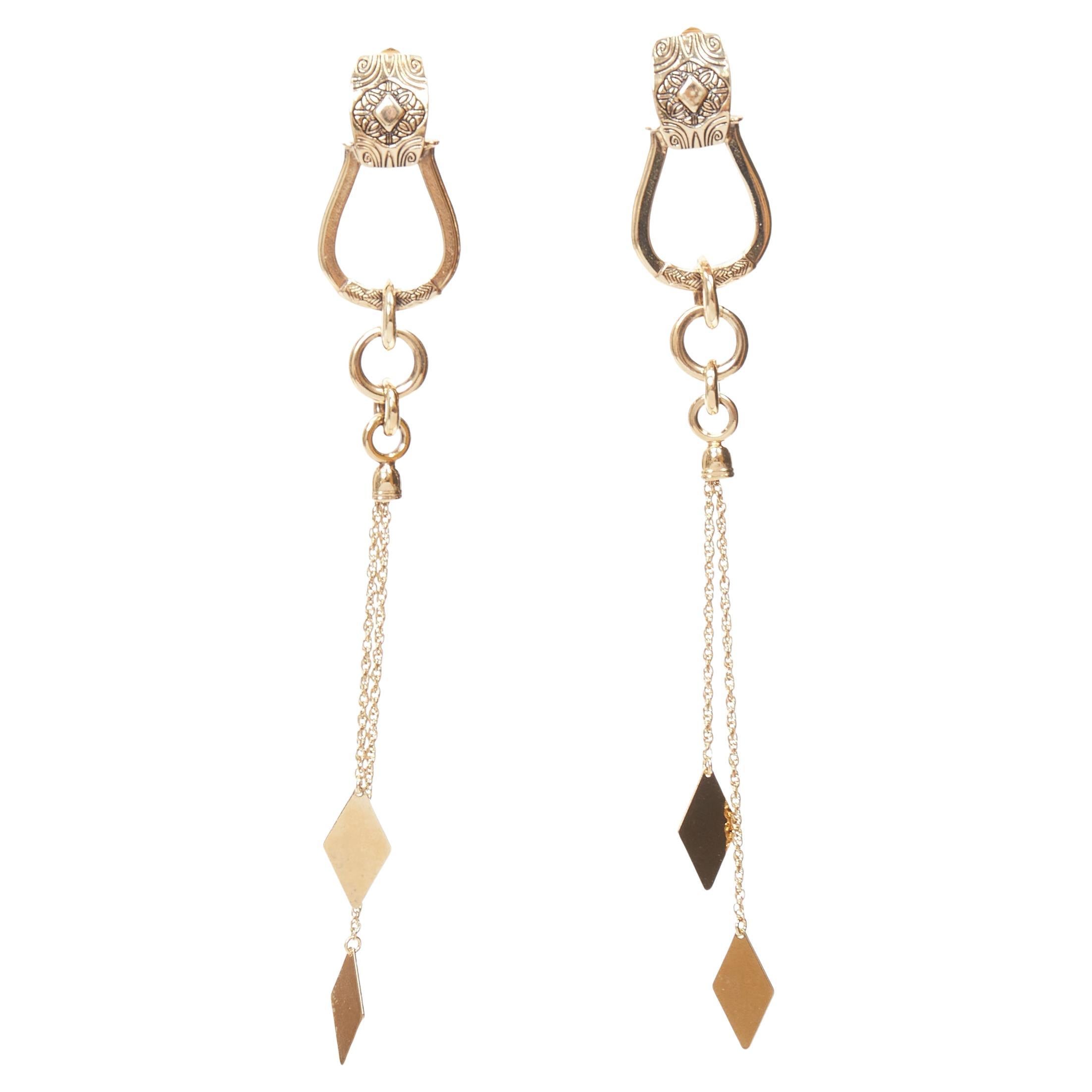 ETRO gold ethnic carvings charm chain drop clip on earring Single For Sale