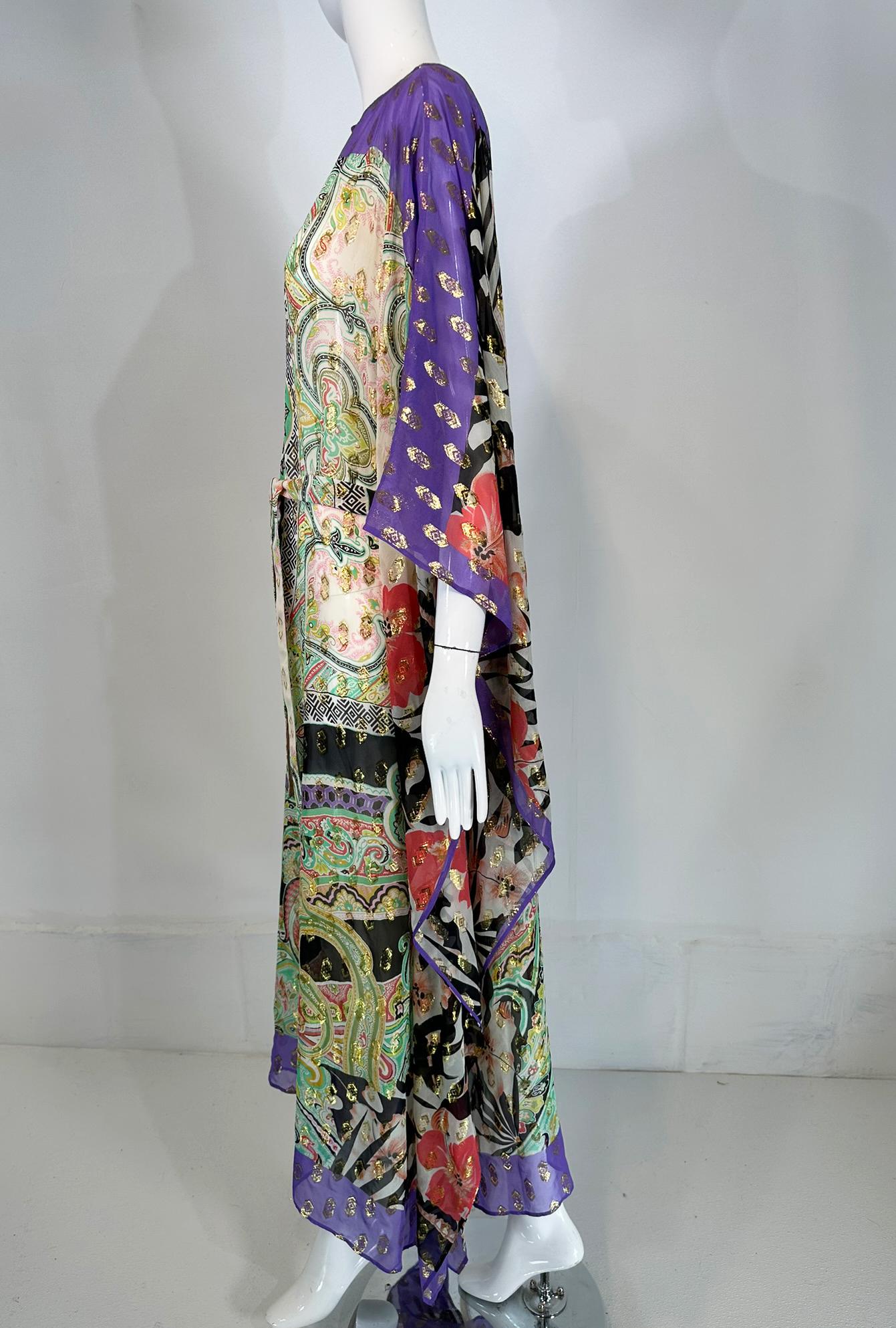 Etro Caftan transparent en soie imprimée or métallisé avec ceinture  Moyen en vente 7