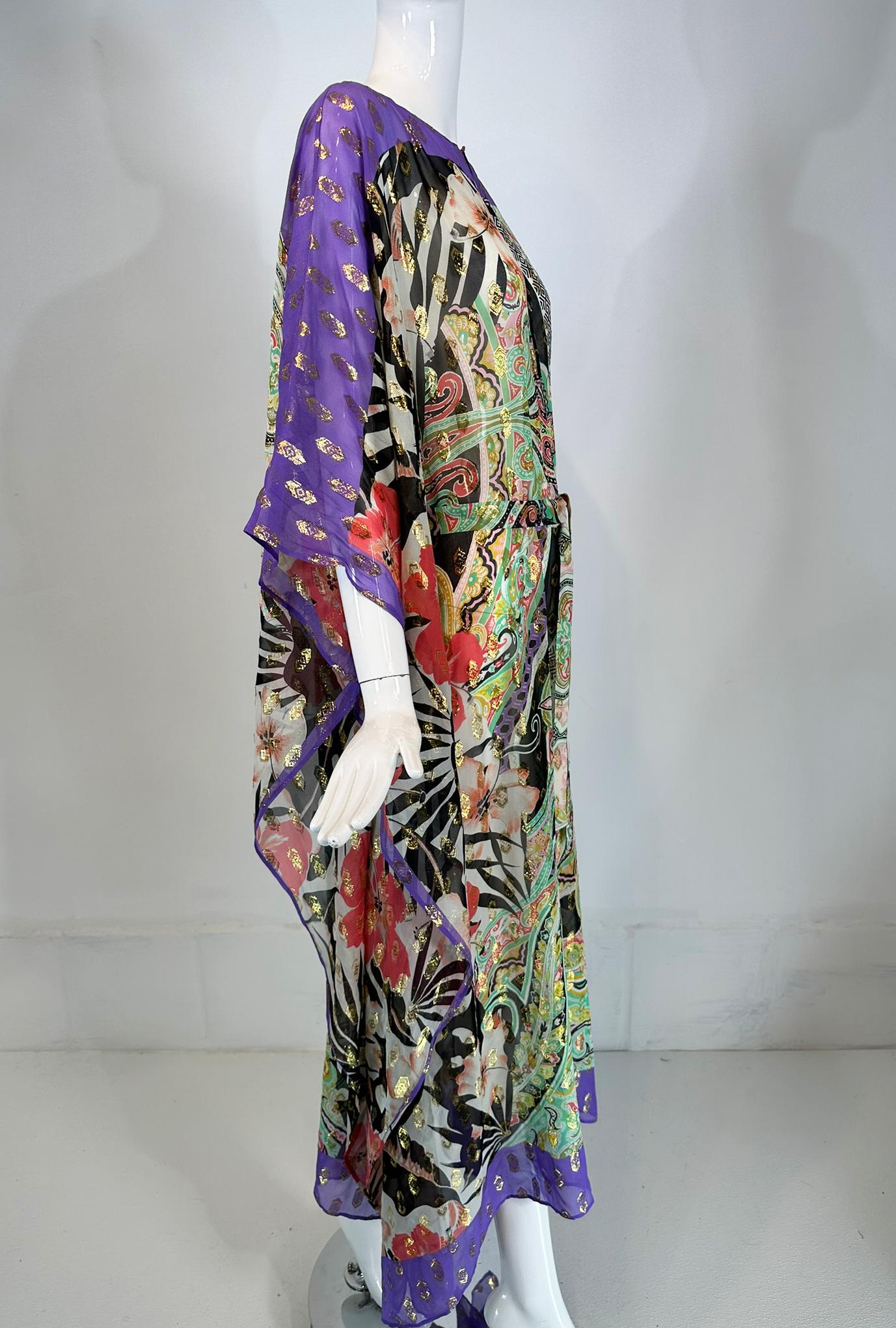 Etro Caftan transparent en soie imprimée or métallisé avec ceinture  Moyen Bon état - En vente à West Palm Beach, FL