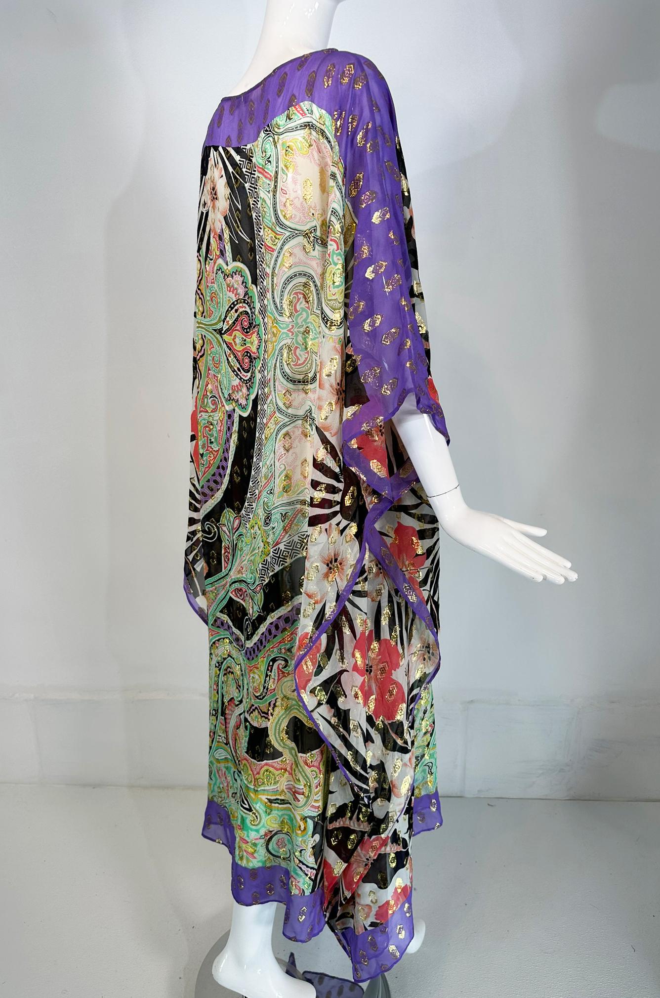 Etro Caftan transparent en soie imprimée or métallisé avec ceinture  Moyen en vente 1