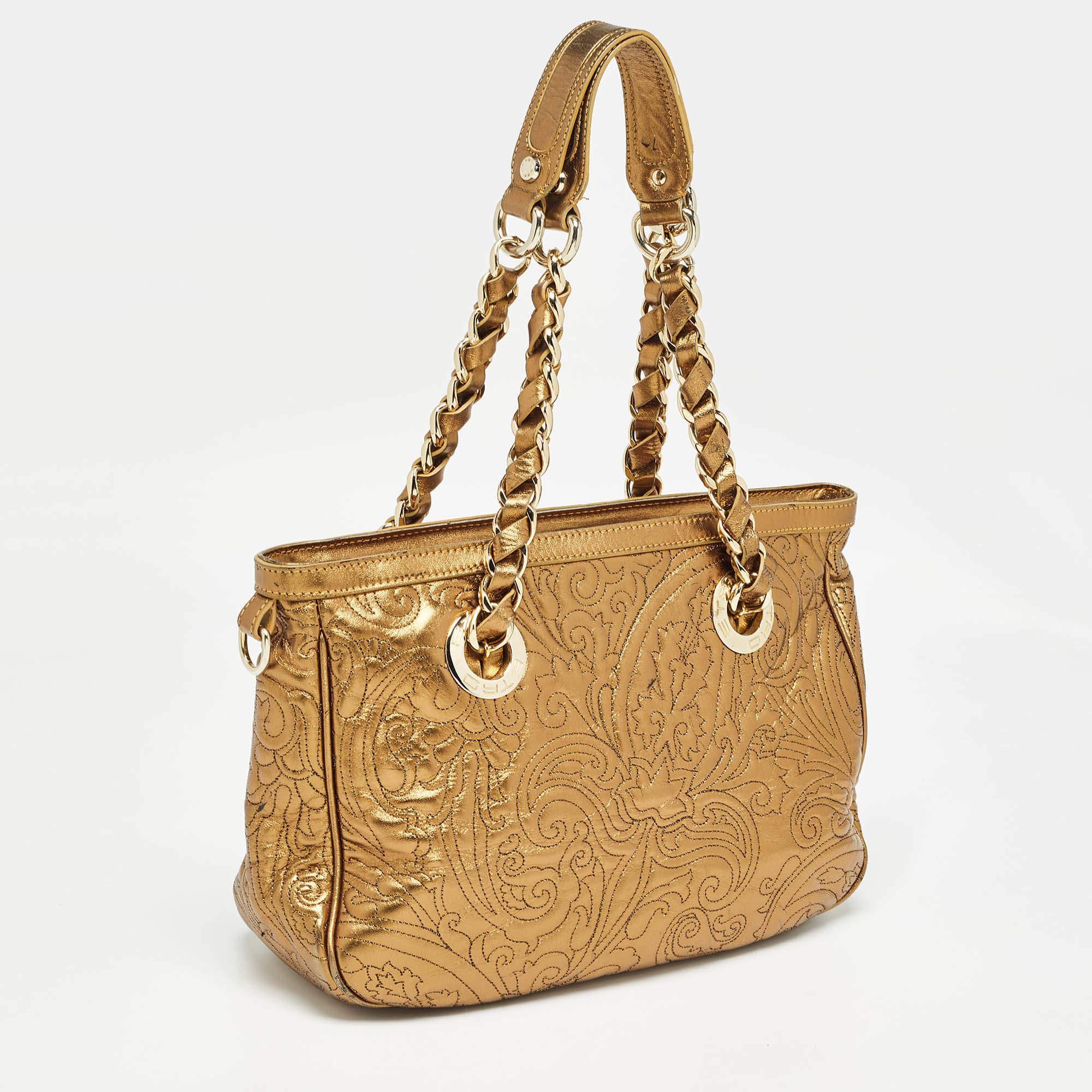 Brown Etro Gold Paisley Embossed Leather Chain Tote For Sale