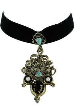 Etro Gold Tone Crystal Embellished, Onyx And Faux Pearl Velvet Choker