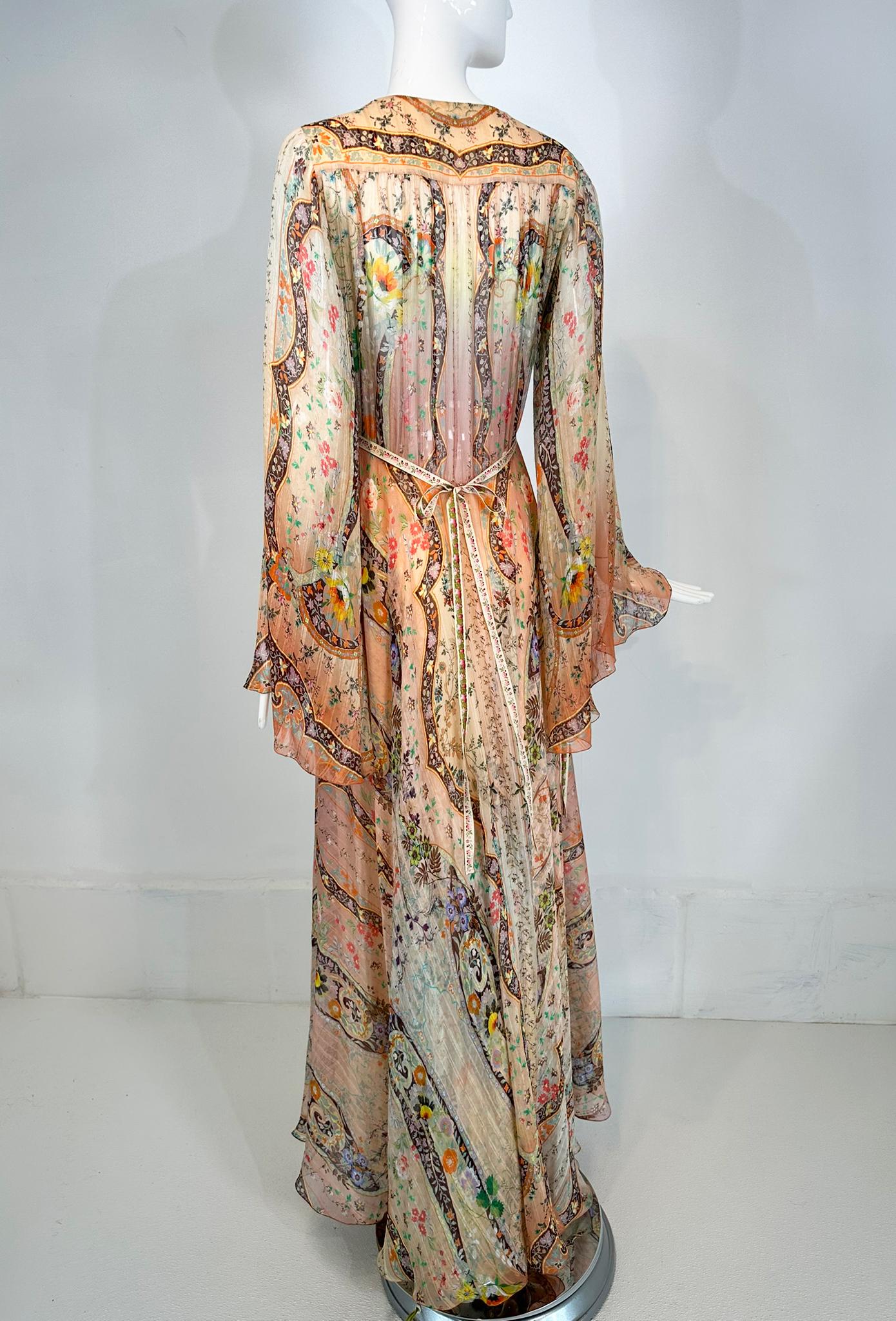Etro Golden Floral Silk Chiffon Bias Cut Bell Sleeve Full Skirt Maxi Dress 40 5