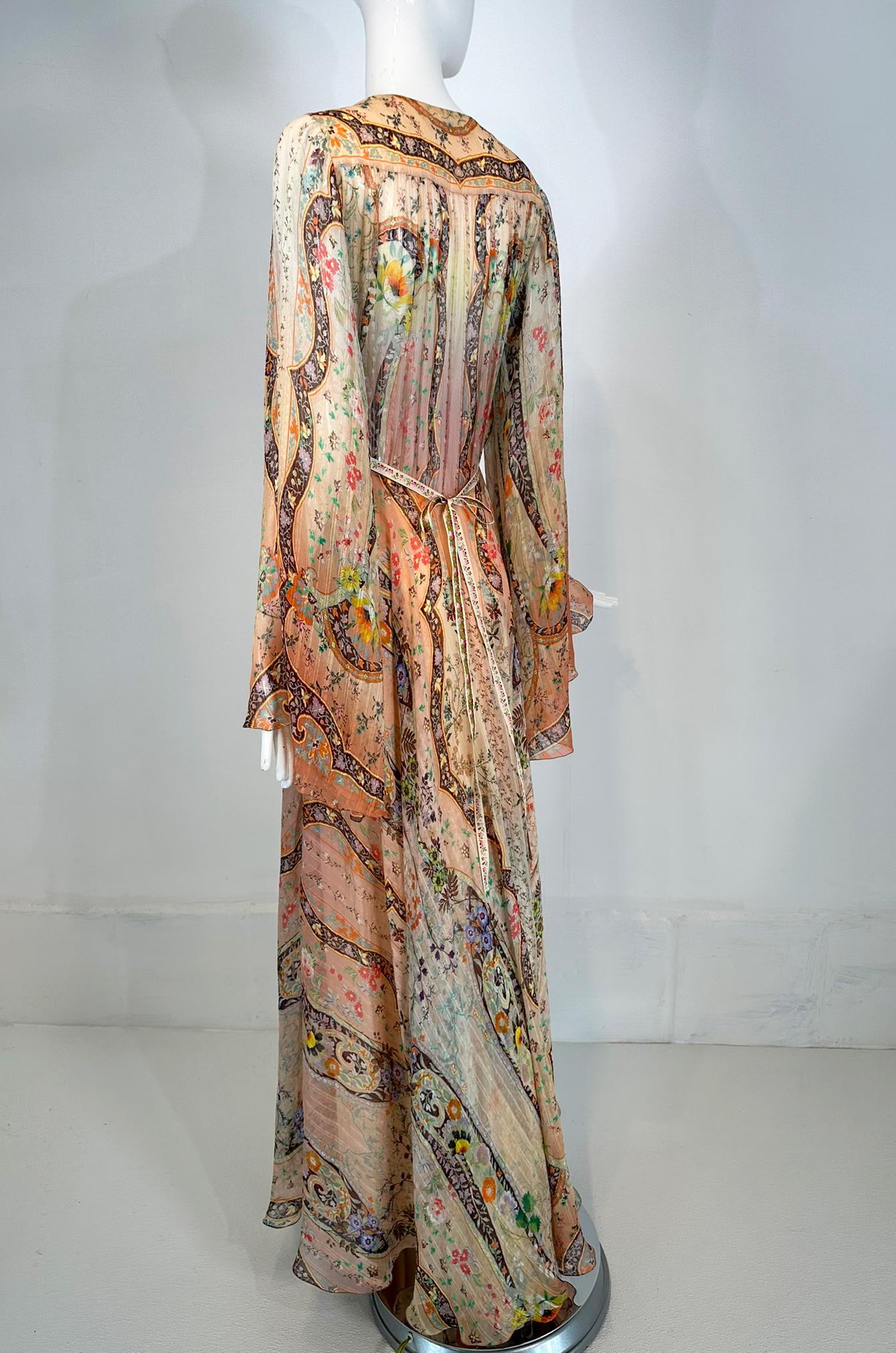 Etro Golden Floral Silk Chiffon Bias Cut Bell Sleeve Full Skirt Maxi Dress 40 6