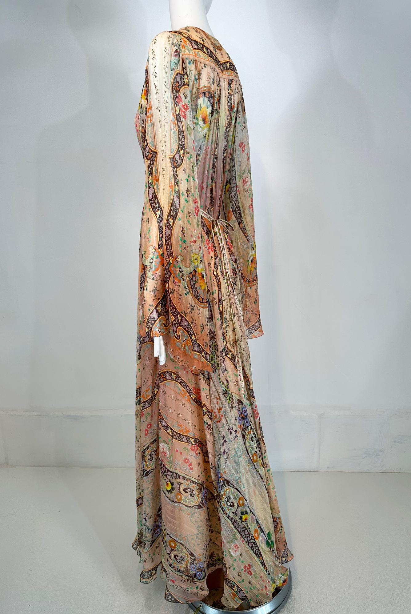 Etro Golden Floral Silk Chiffon Bias Cut Bell Sleeve Full Skirt Maxi Dress 40 7
