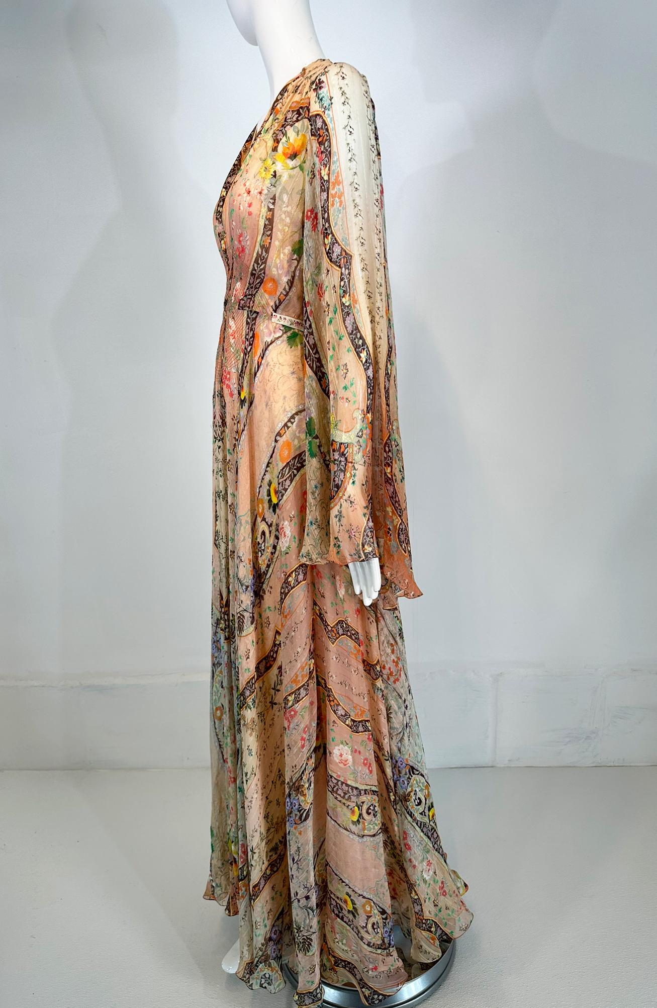 Etro Golden Floral Silk Chiffon Bias Cut Bell Sleeve Full Skirt Maxi Dress 40 8