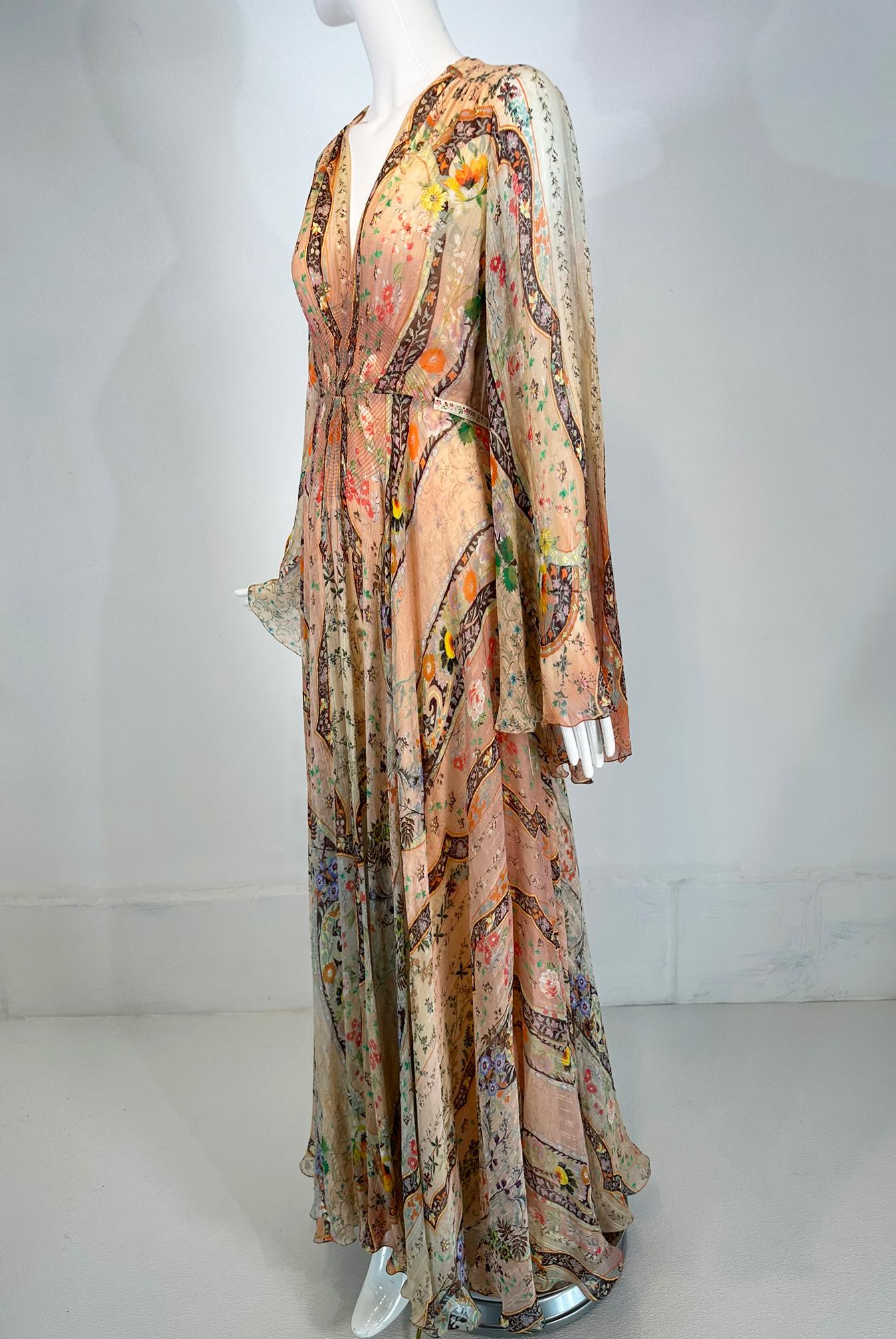 Etro Golden Floral Silk Chiffon Bias Cut Bell Sleeve Full Skirt Maxi Dress 40 9