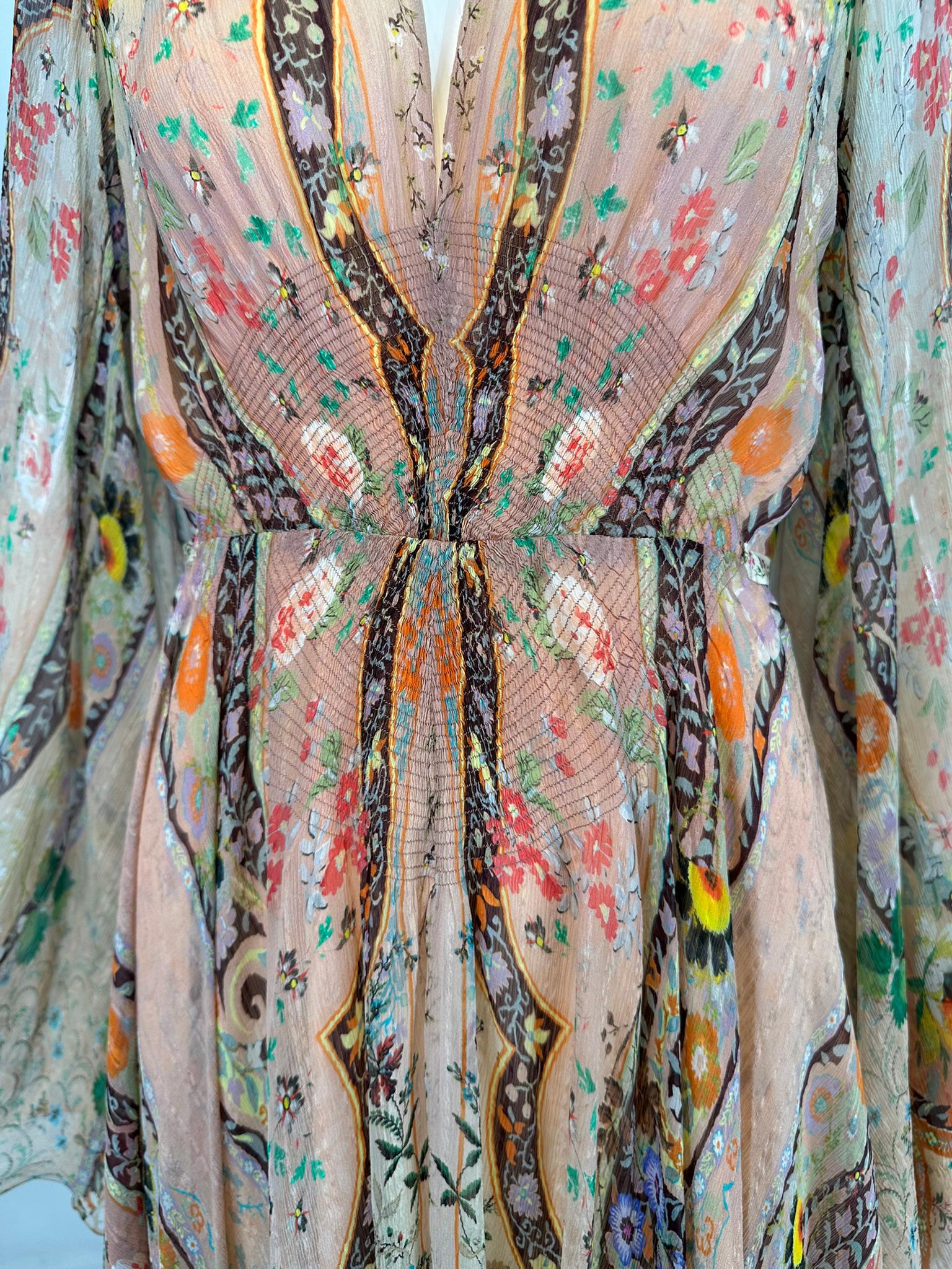 Etro Golden Floral Silk Chiffon Bias Cut Bell Sleeve Full Skirt Maxi Dress 40 10