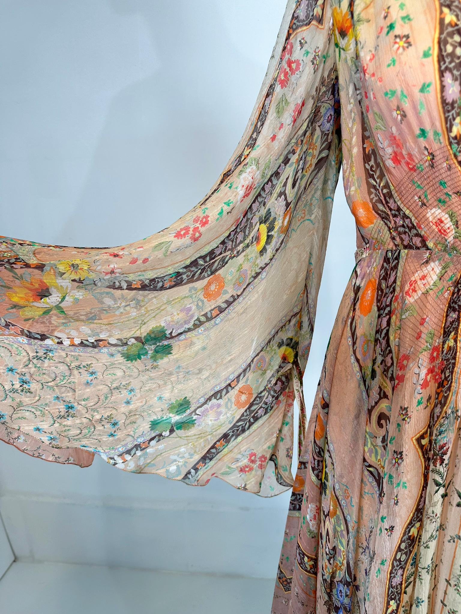 Etro Golden Floral Silk Chiffon Bias Cut Bell Sleeve Full Skirt Maxi Dress 40 11