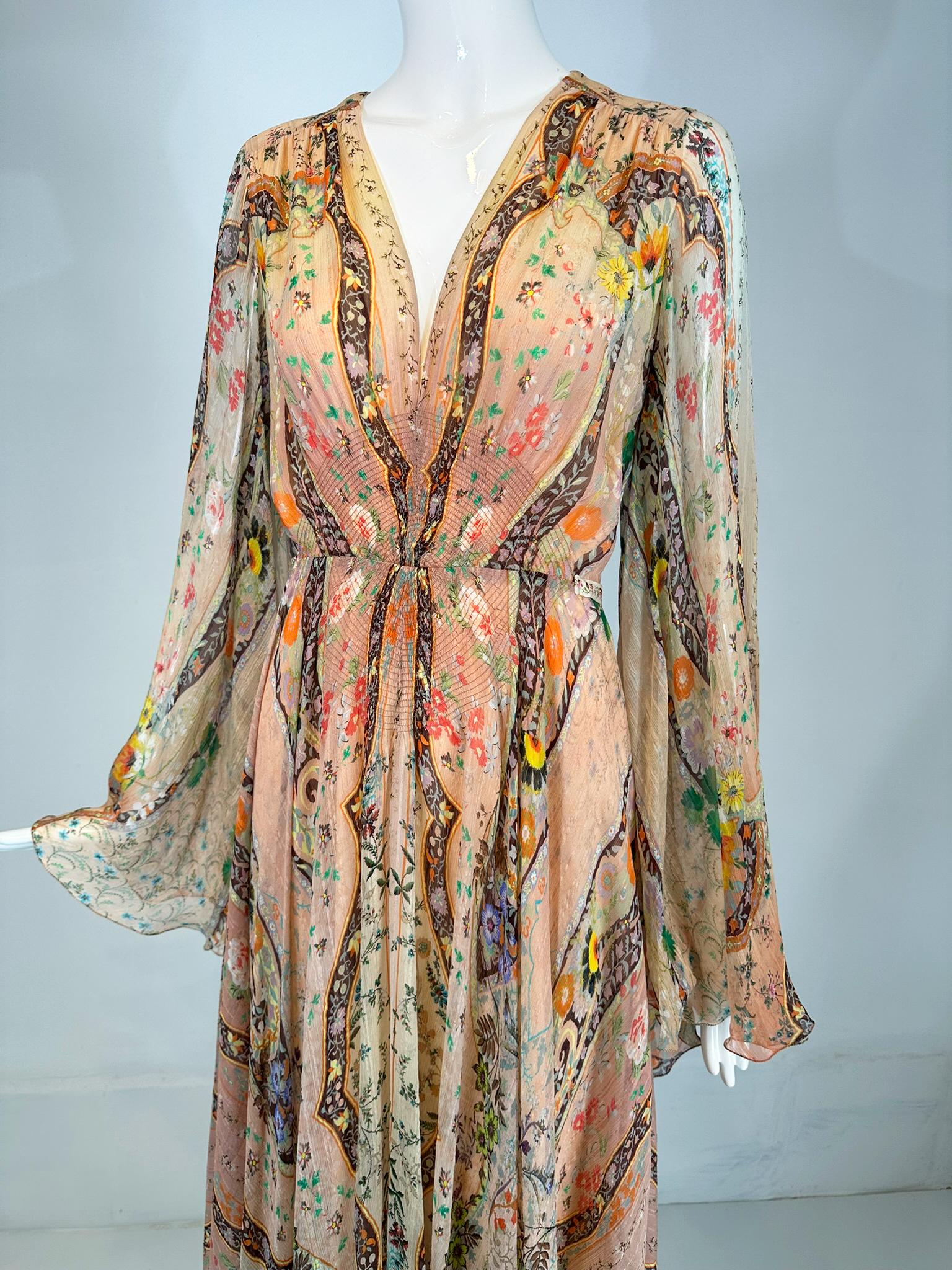 Etro Golden Floral Silk Chiffon Bias Cut Bell Sleeve Full Skirt Maxi Dress 40 12
