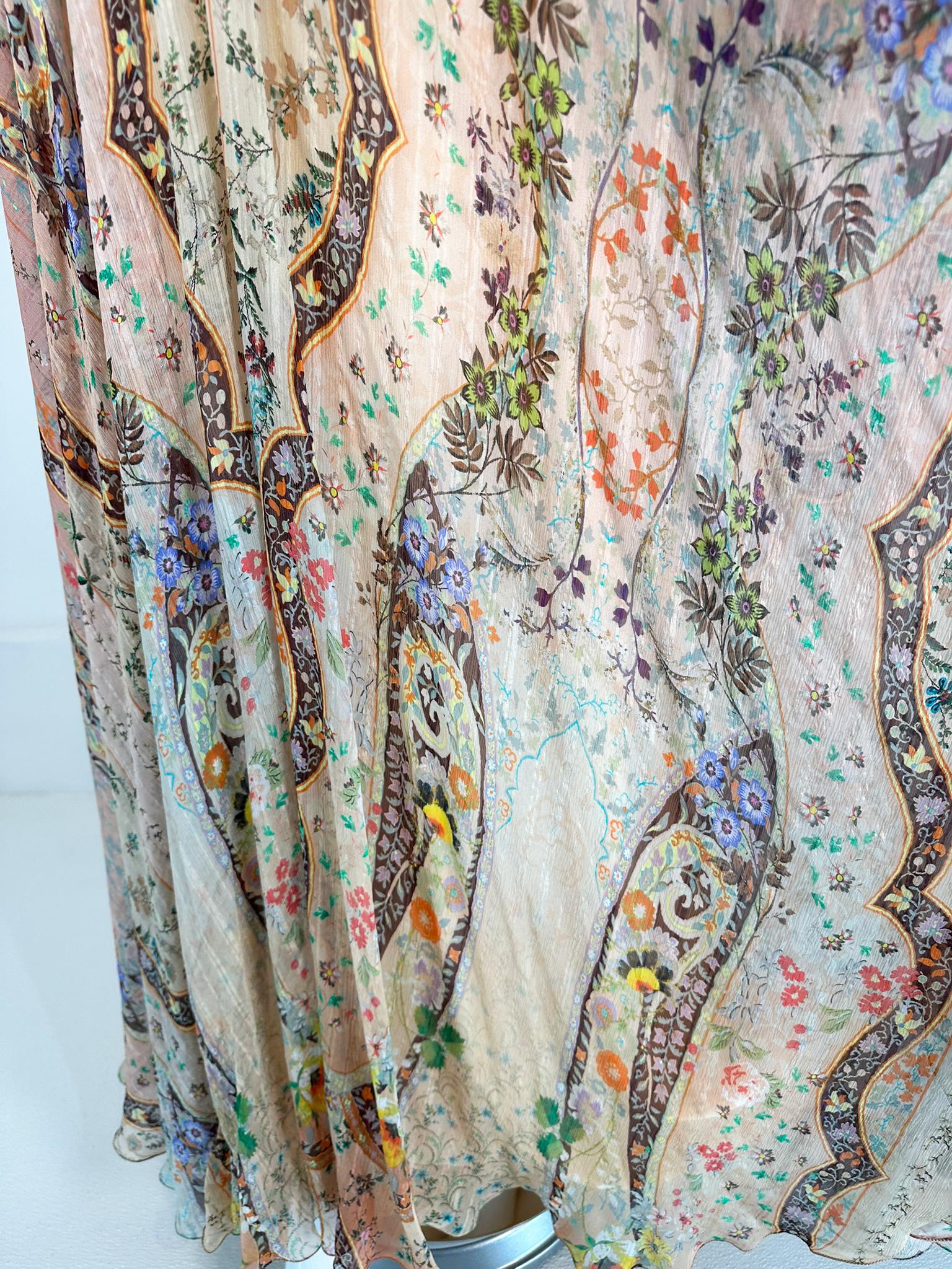 Etro Golden Floral Silk Chiffon Bias Cut Bell Sleeve Full Skirt Maxi Dress 40 13