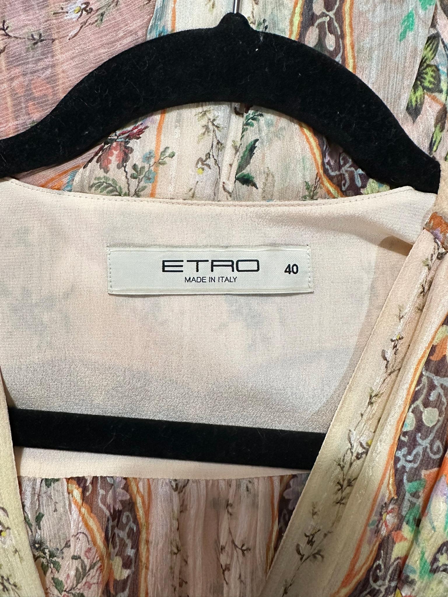 Etro Golden Floral Silk Chiffon Bias Cut Bell Sleeve Full Skirt Maxi Dress 40 14