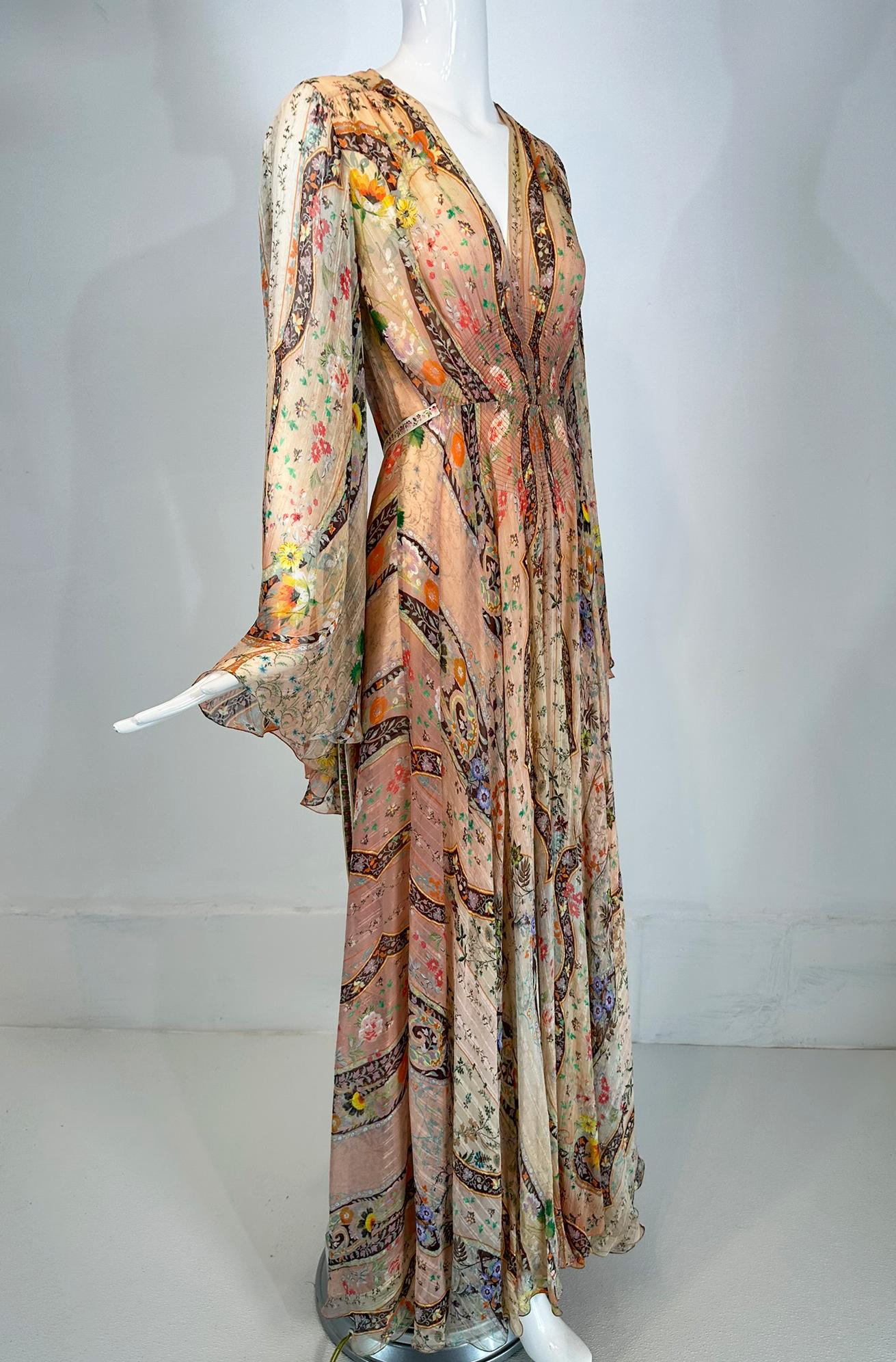 Etro Golden Floral Silk Chiffon Bias Cut Bell Sleeve Full Skirt Maxi Dress 40 (Braun)