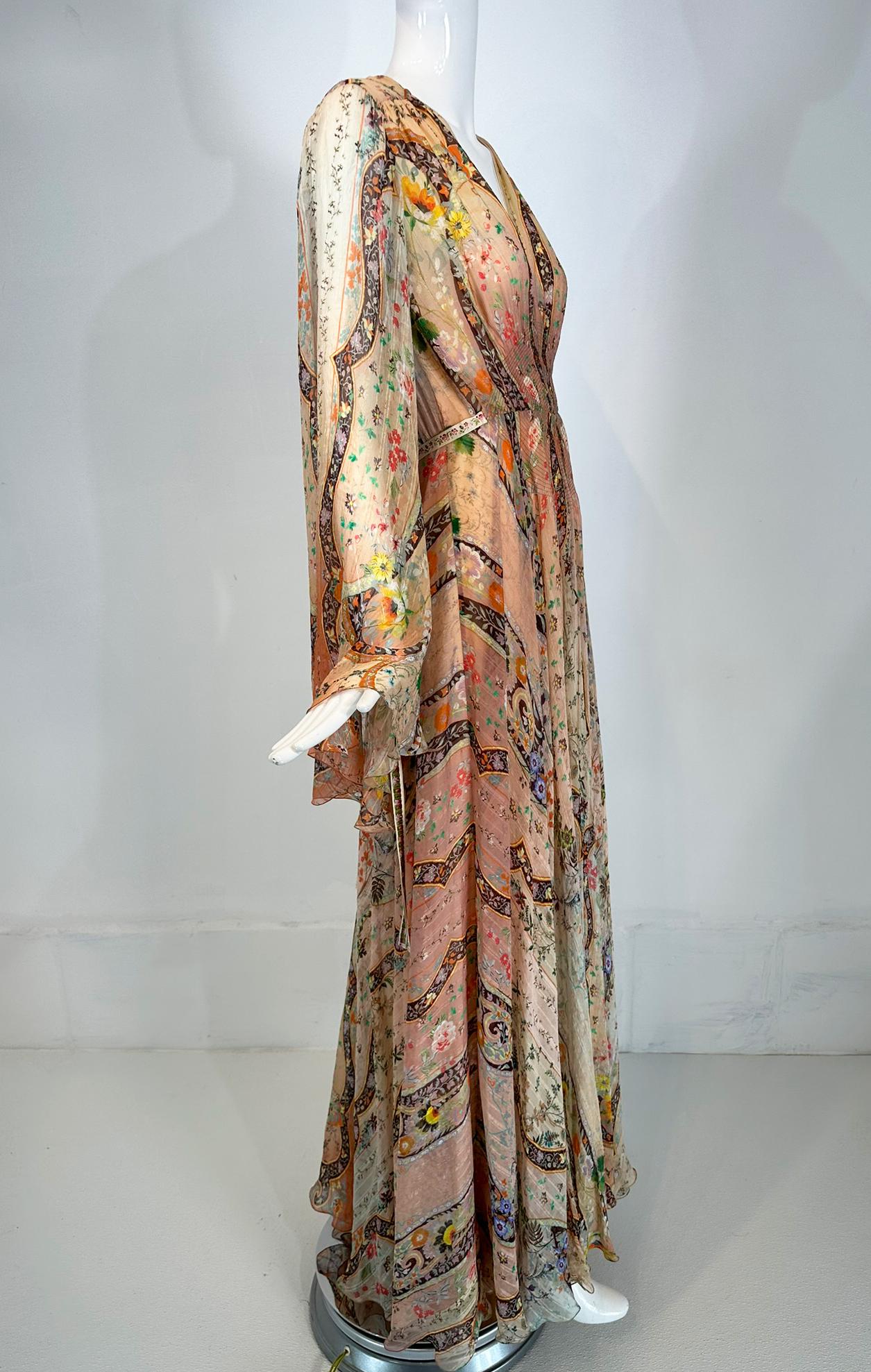 Etro Golden Floral Silk Chiffon Bias Cut Bell Sleeve Full Skirt Maxi Dress 40 Damen